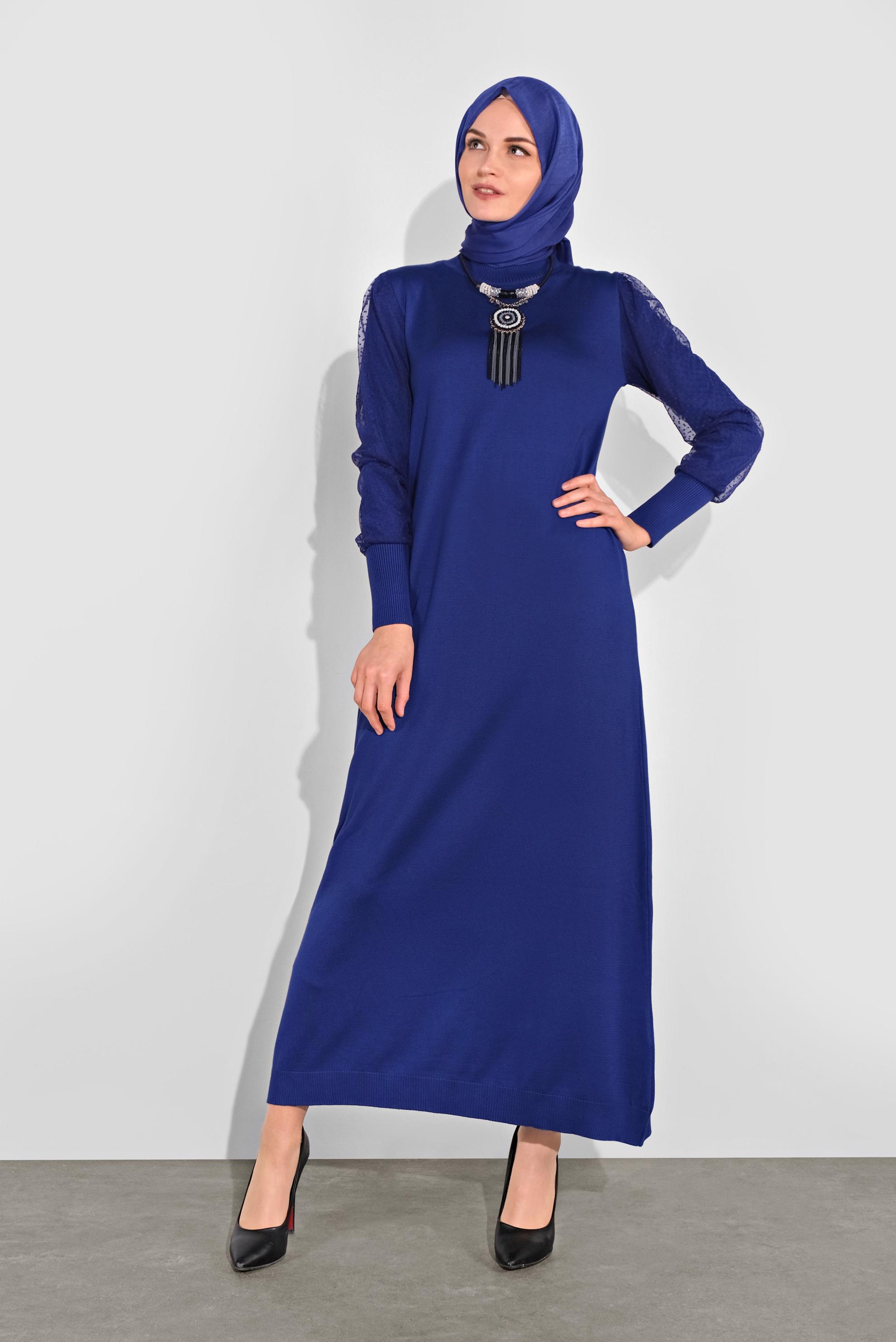 Tesettür giyim LACİVERT BALON KOL TRİKO ELBİSE 41033 