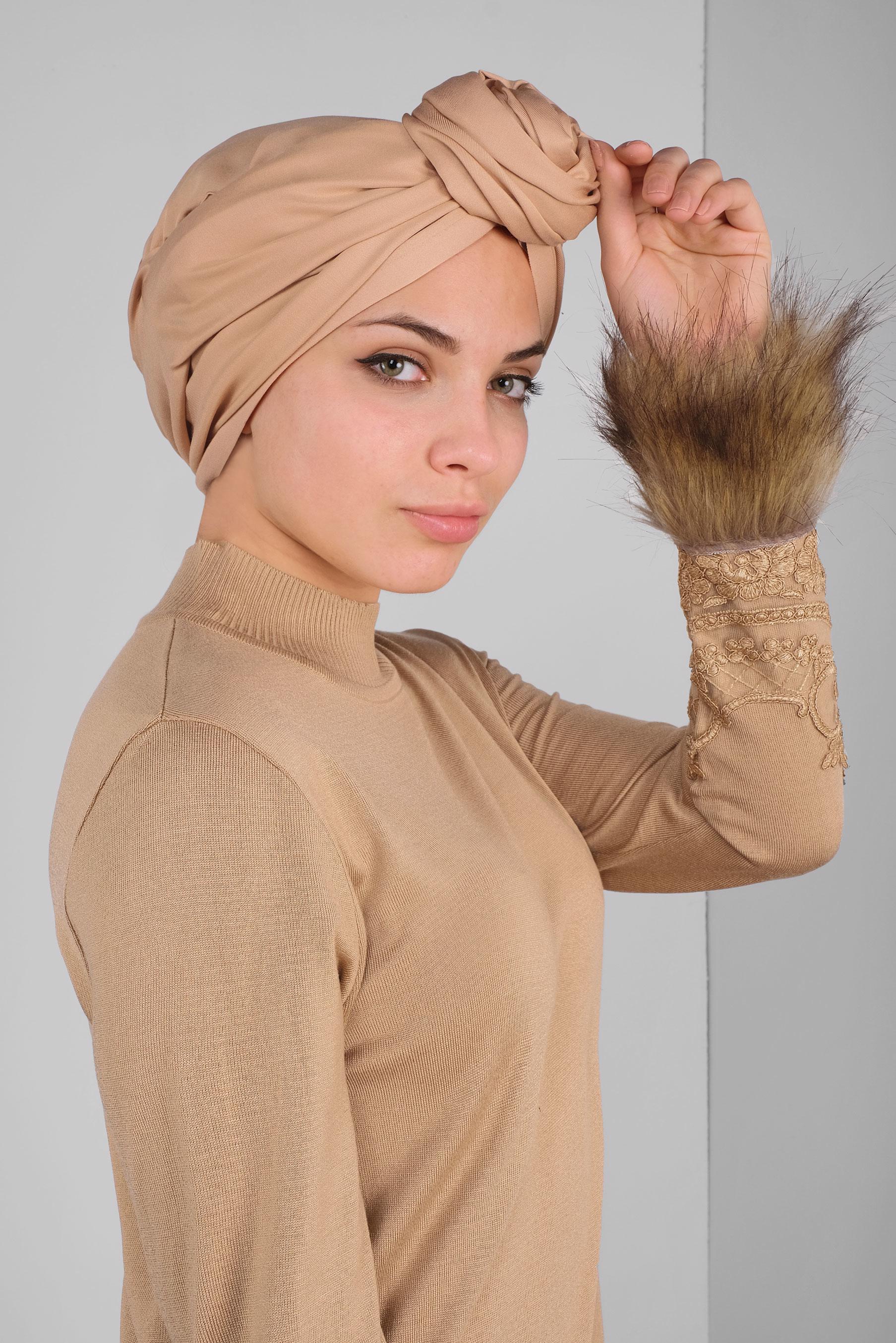 Tesettür giyim KAHVE KÜRKLÜ NAKIŞLI TRİKO ELBİSE  41034 