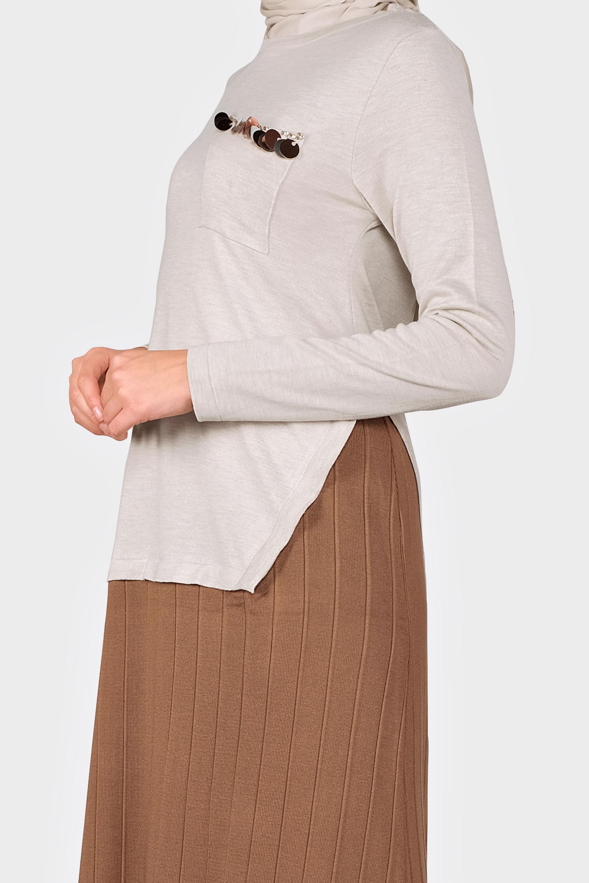 Tesettür giyim BEJ PUL VE TAŞ DETAYLI TRİKO ELBİSE 41035