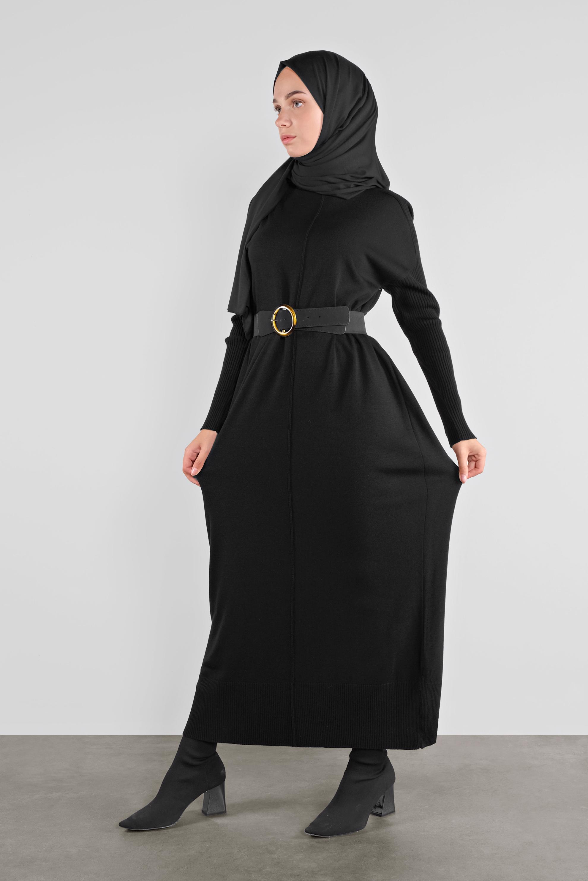 Tesettür giyim SİYAH BOĞAZLI TRİKO ELBİSE 41074 