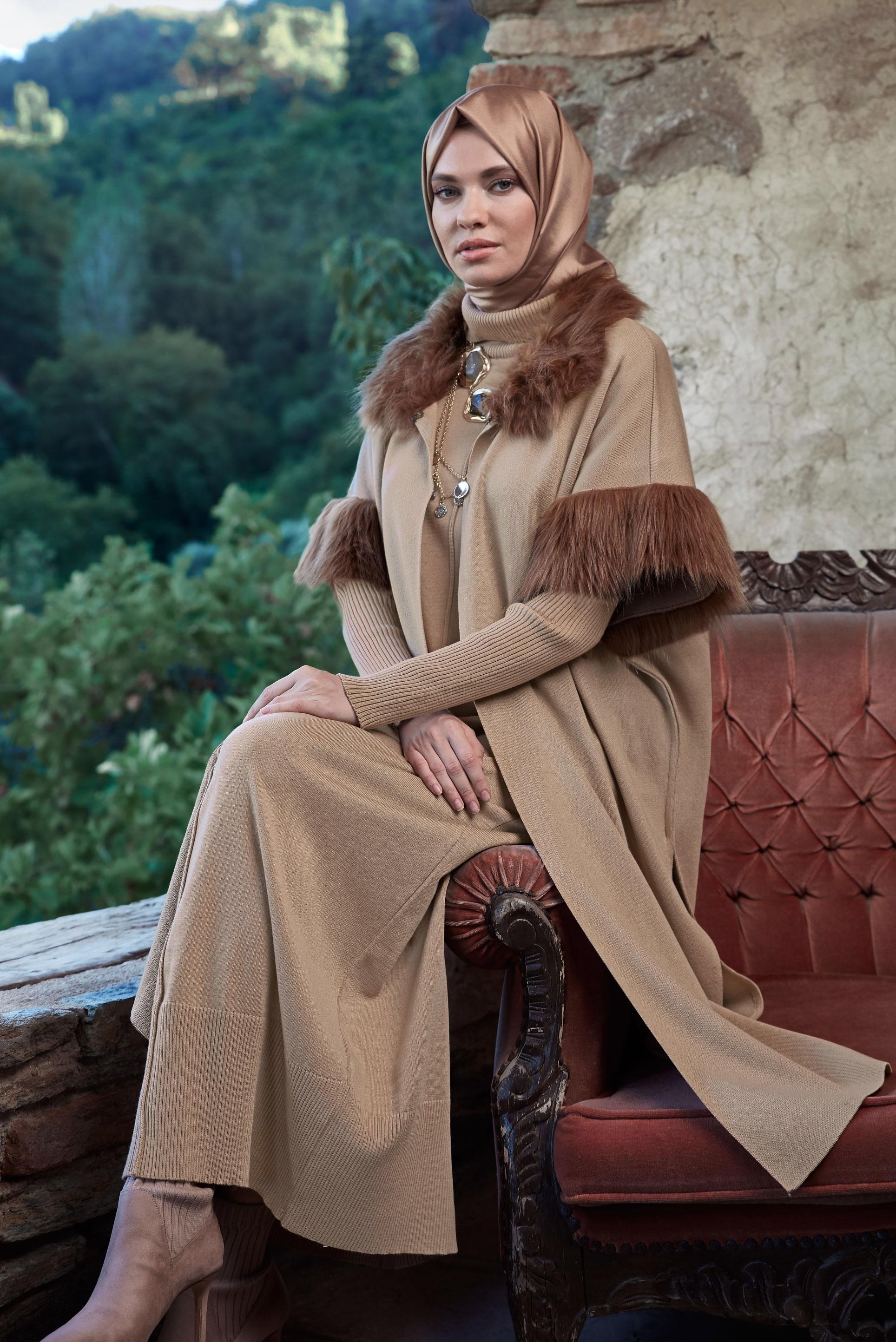 Tesettür giyim KAHVE BOĞAZLI TRİKO ELBİSE 41074 