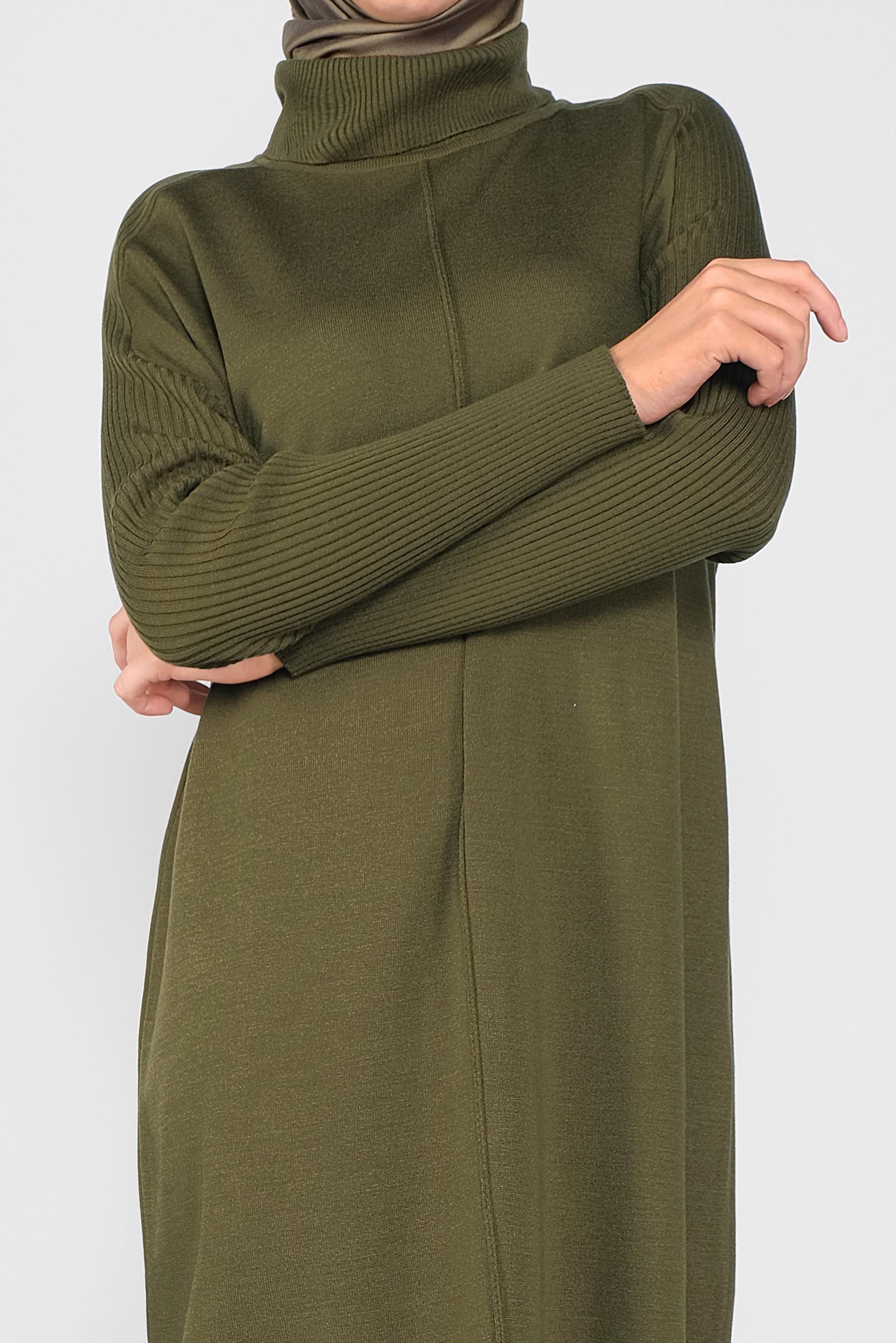 Tesettür giyim HAKİ BOĞAZLI TRİKO ELBİSE 41074 