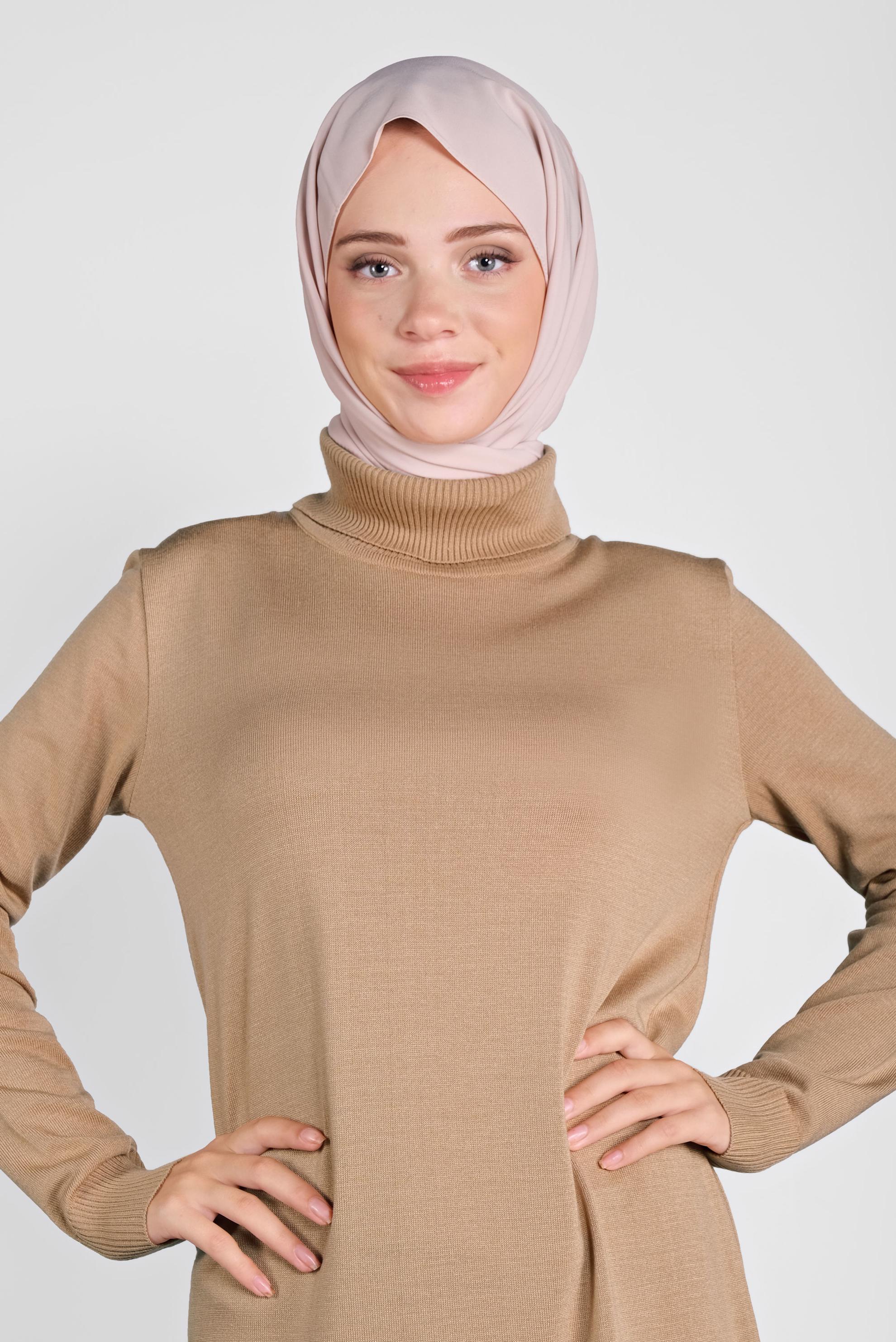 Tesettür giyim KAHVE BALIKÇI YAKA  TRİKO ELBİSE 41078