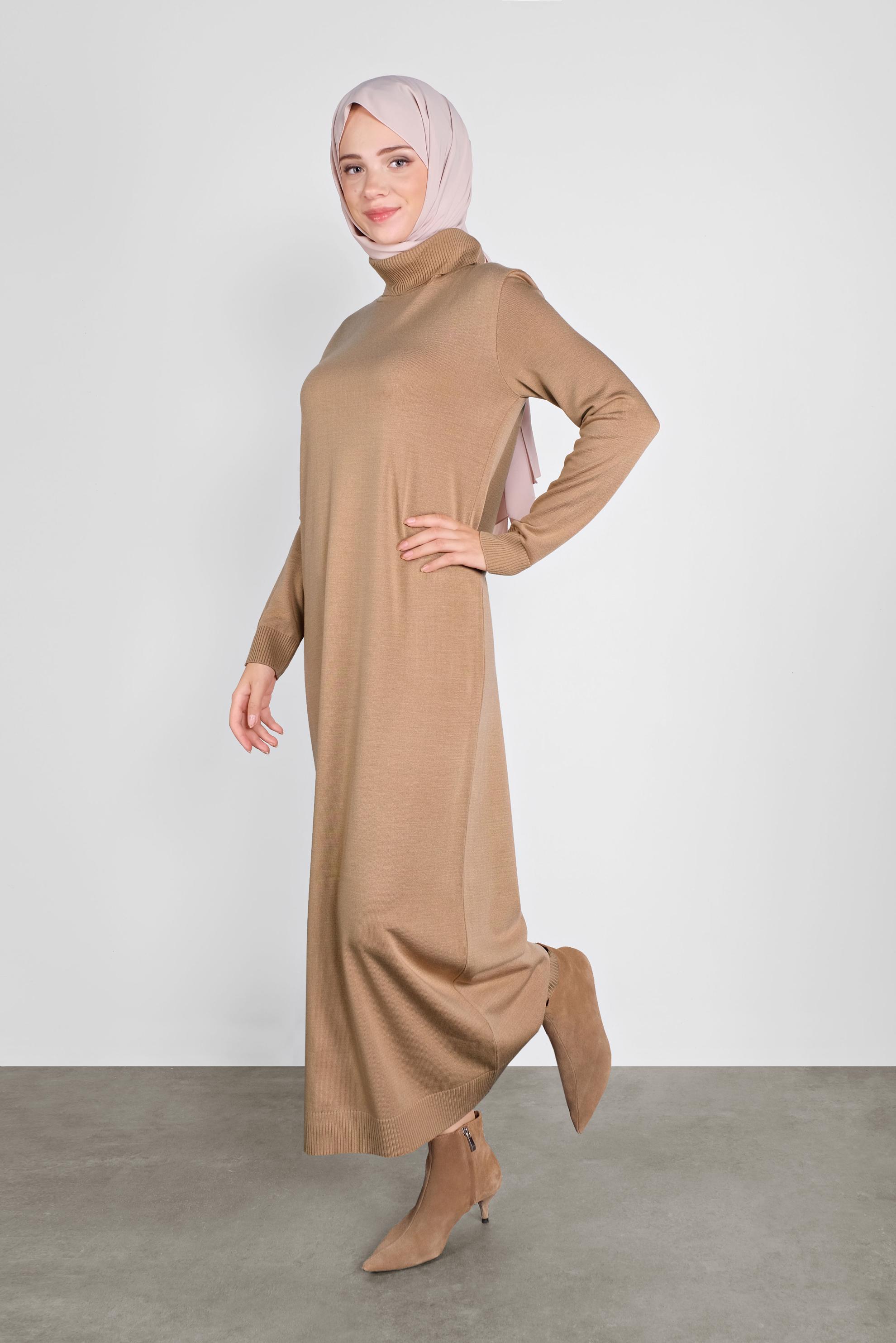 Tesettür giyim KAHVE BALIKÇI YAKA  TRİKO ELBİSE 41078