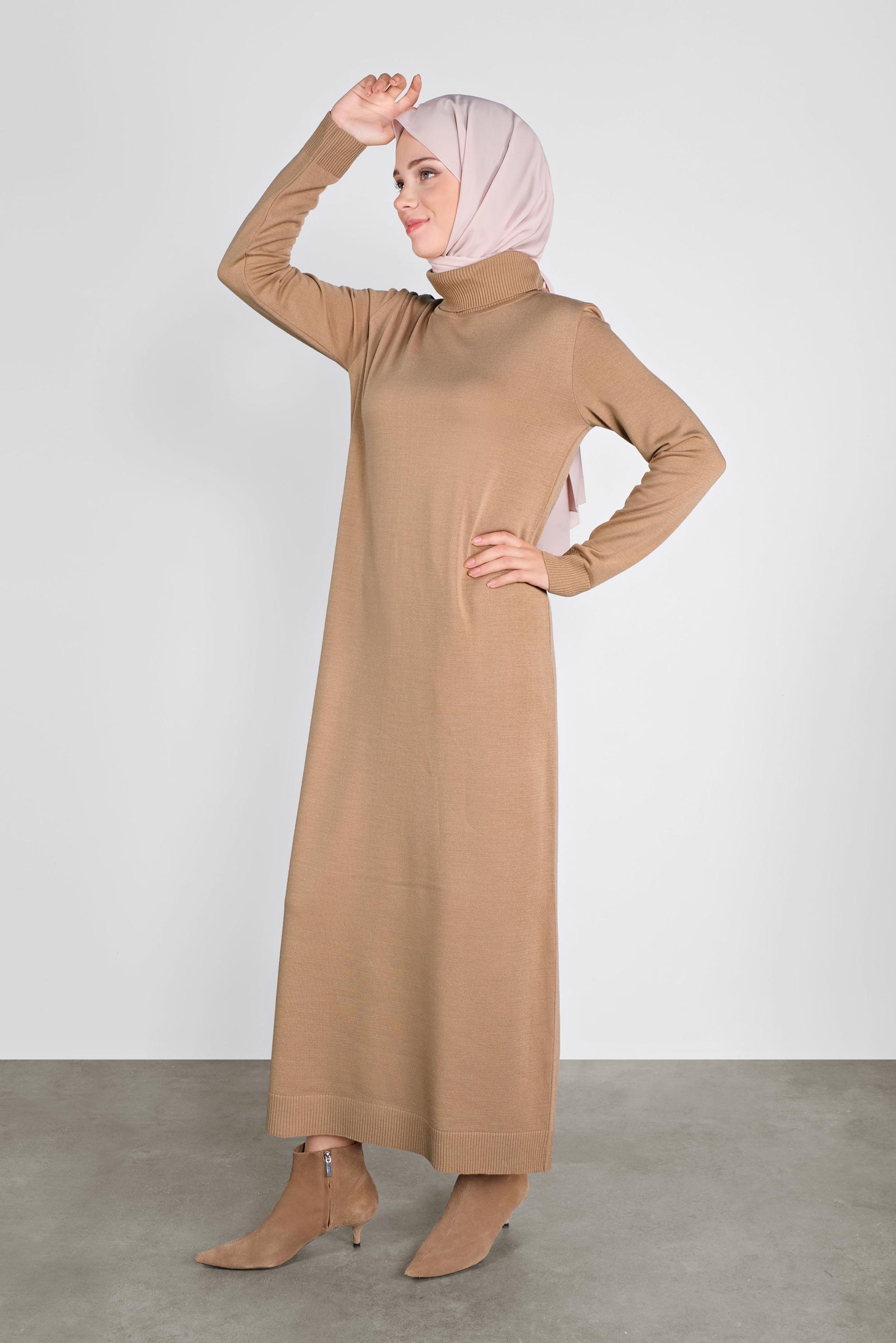 Tesettür giyim KAHVE BALIKÇI YAKA  TRİKO ELBİSE 41078