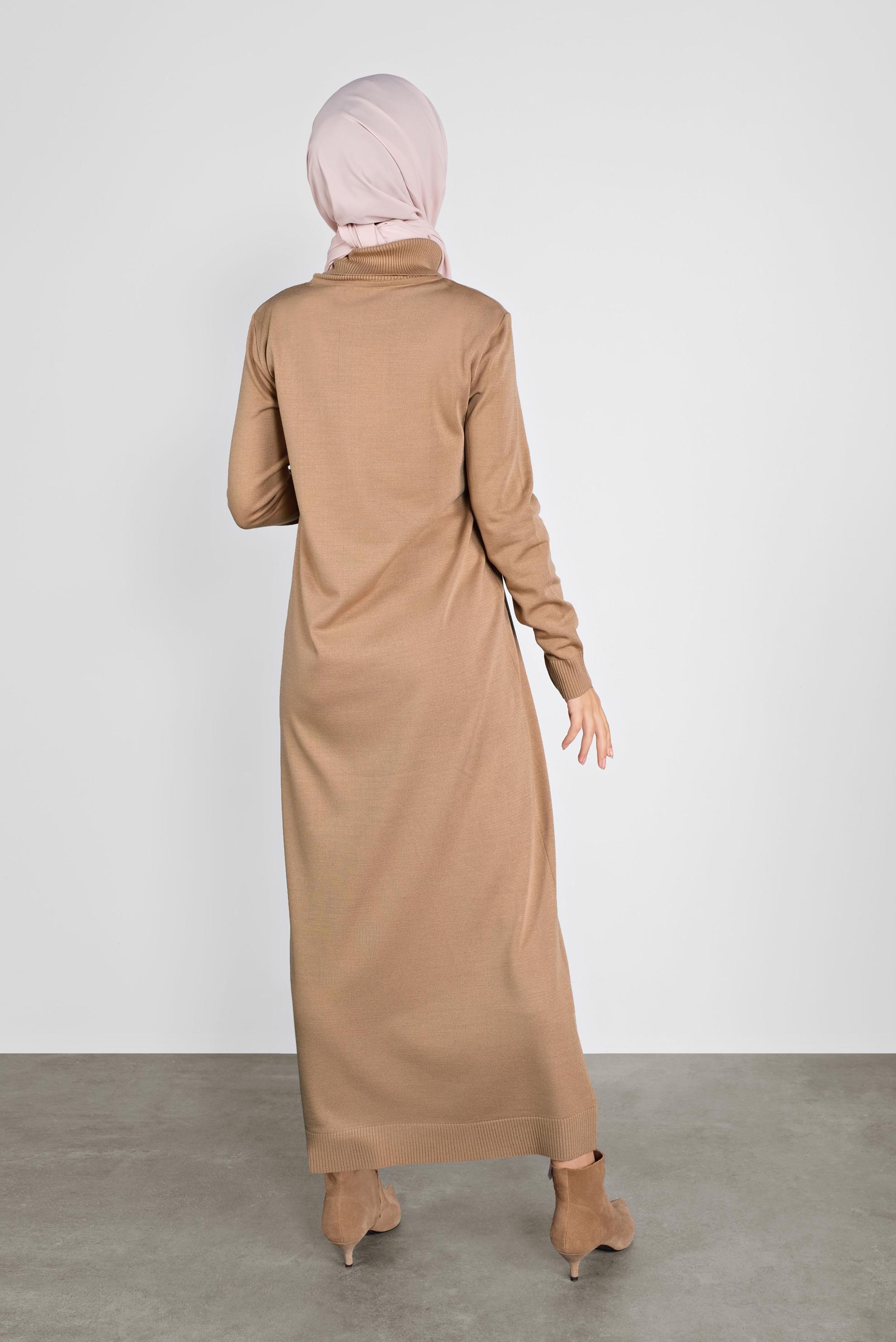 Tesettür giyim KAHVE BALIKÇI YAKA  TRİKO ELBİSE 41078