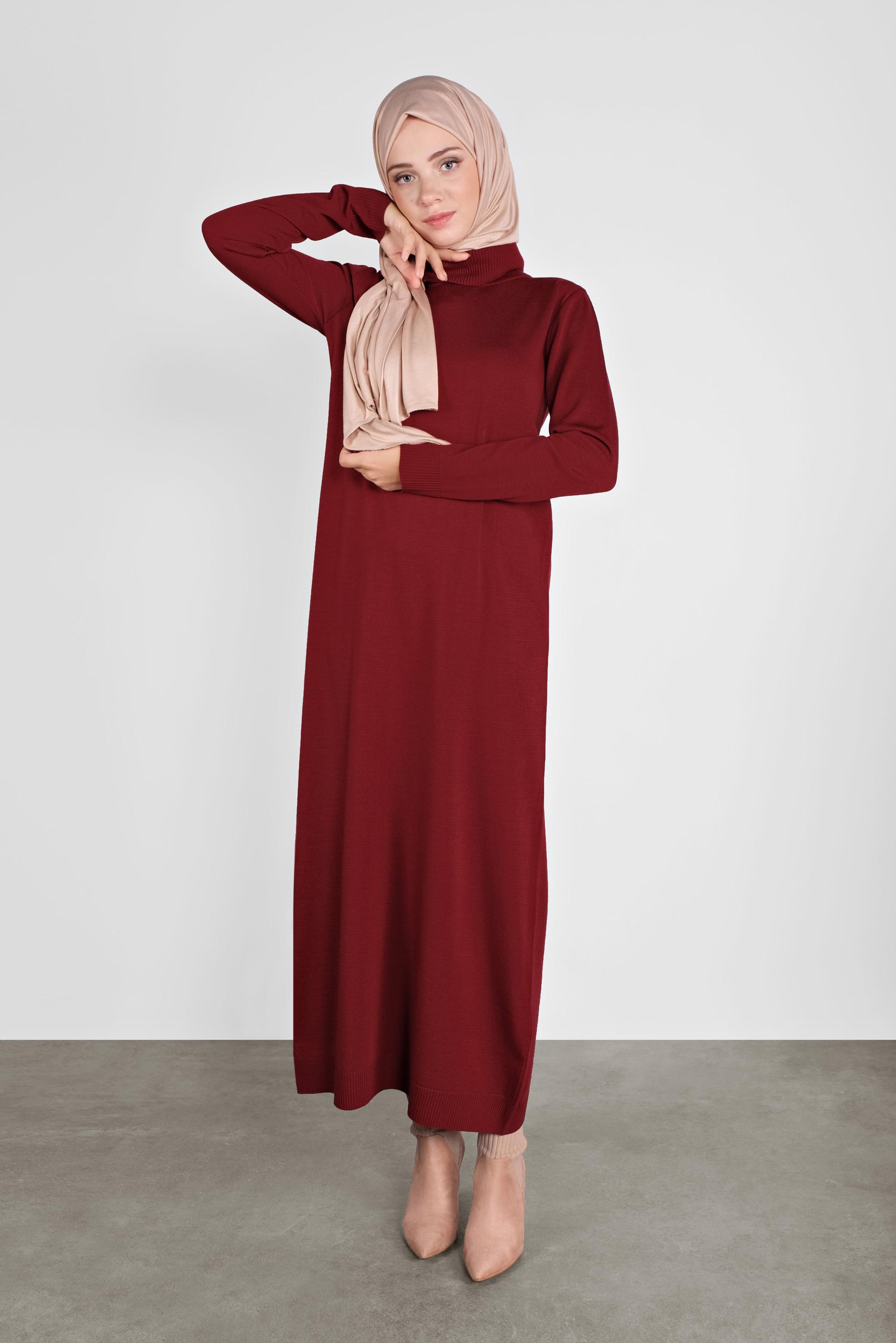 Tesettür giyim KIRMIZI BALIKÇI YAKA  TRİKO ELBİSE 41078