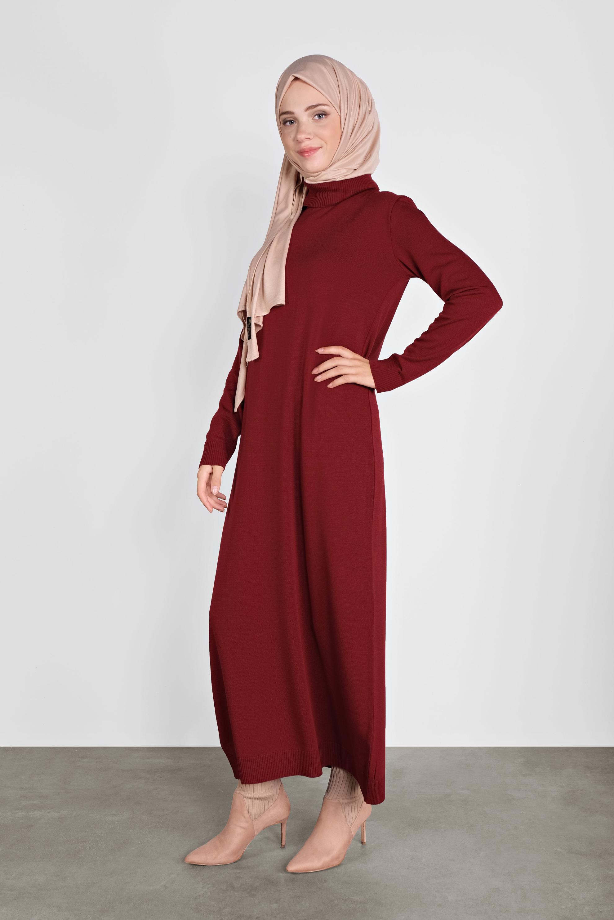 Tesettür giyim KIRMIZI BALIKÇI YAKA  TRİKO ELBİSE 41078