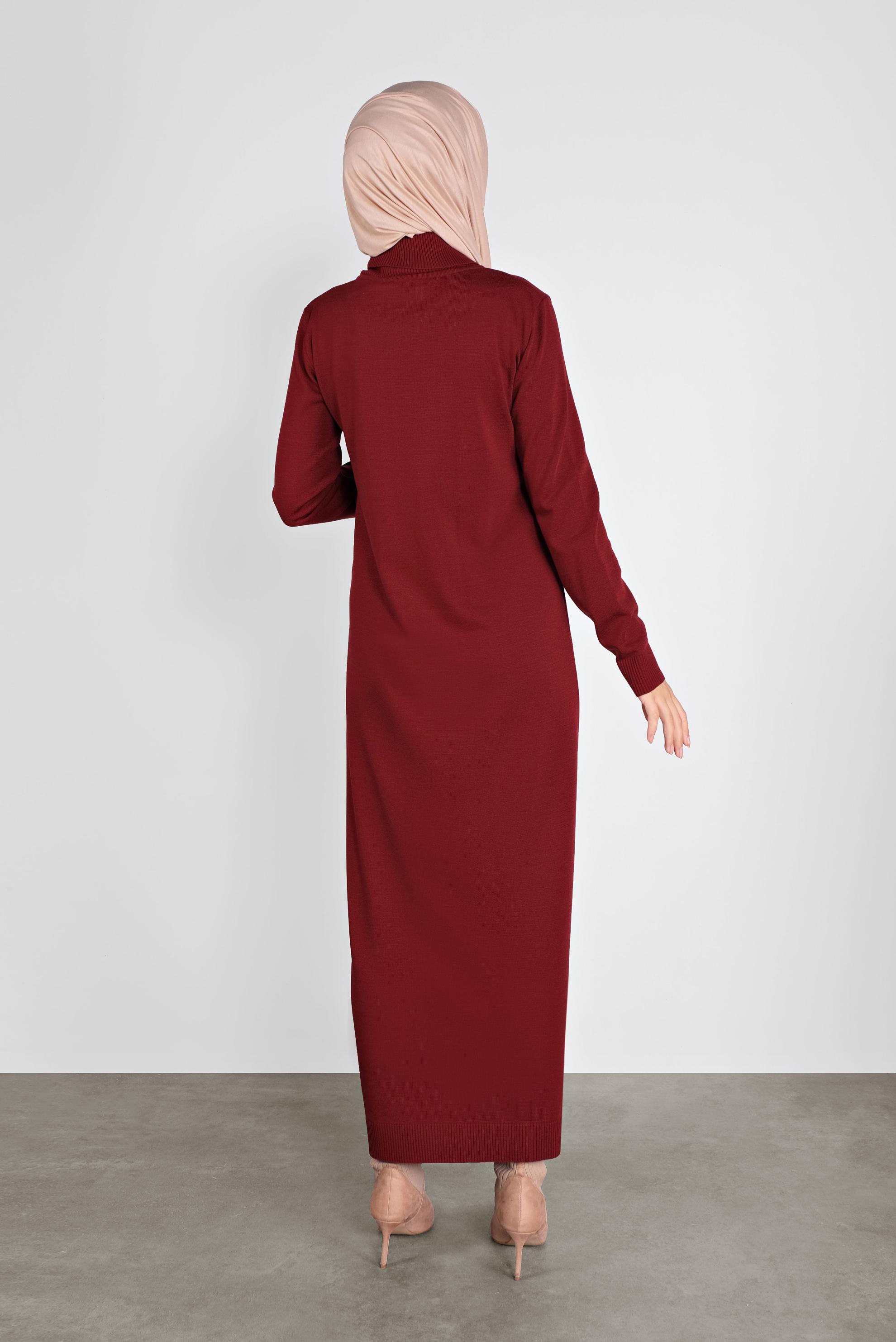 Tesettür giyim KIRMIZI BALIKÇI YAKA  TRİKO ELBİSE 41078