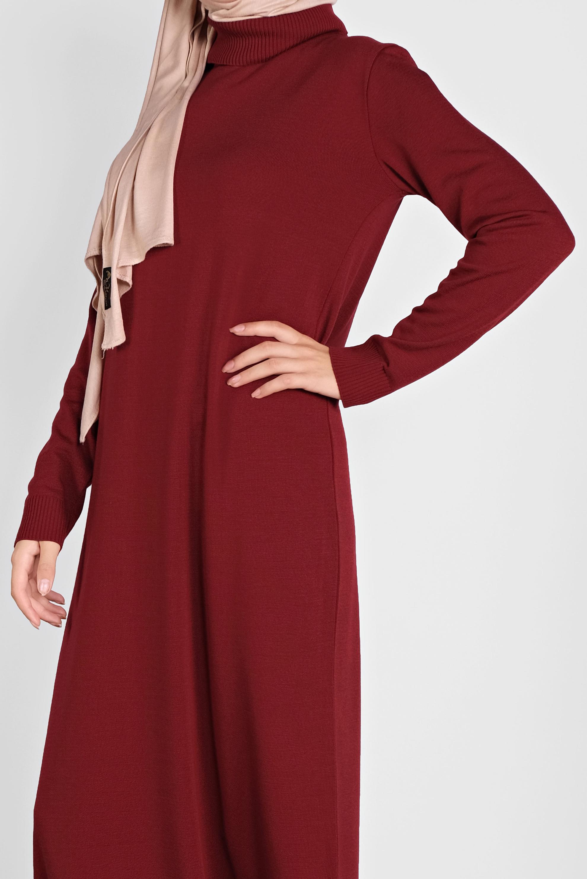 Tesettür giyim KIRMIZI BALIKÇI YAKA  TRİKO ELBİSE 41078