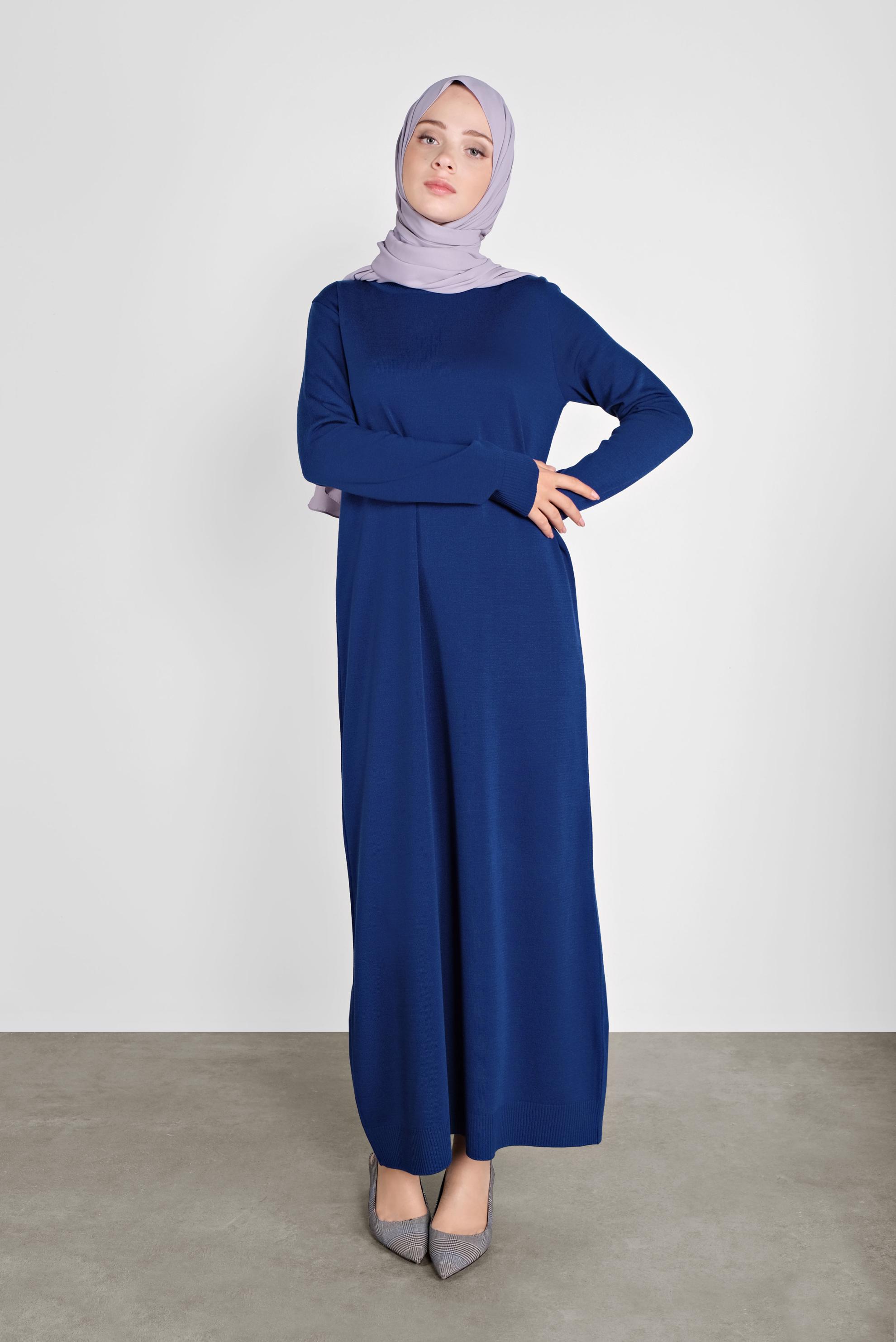 Tesettür giyim LACİVERT BALIKÇI YAKA  TRİKO ELBİSE 41078