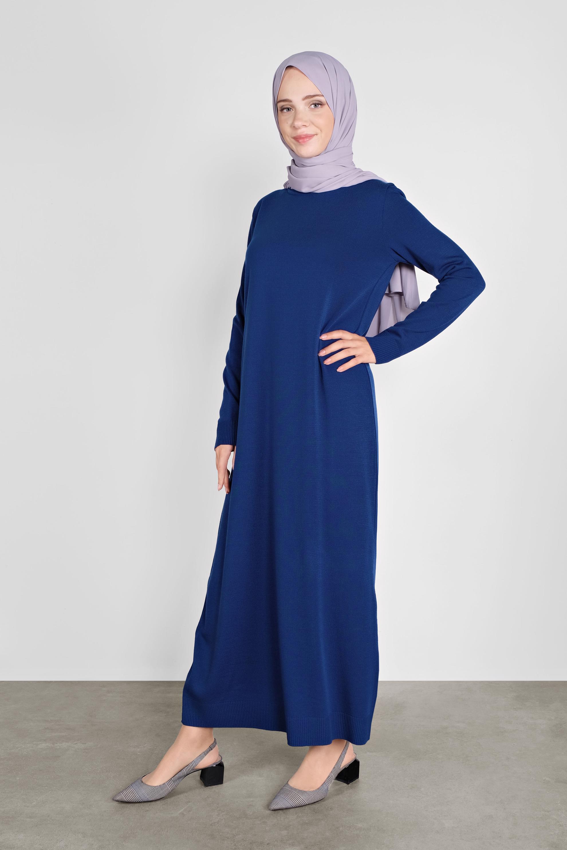 Tesettür giyim LACİVERT BALIKÇI YAKA  TRİKO ELBİSE 41078