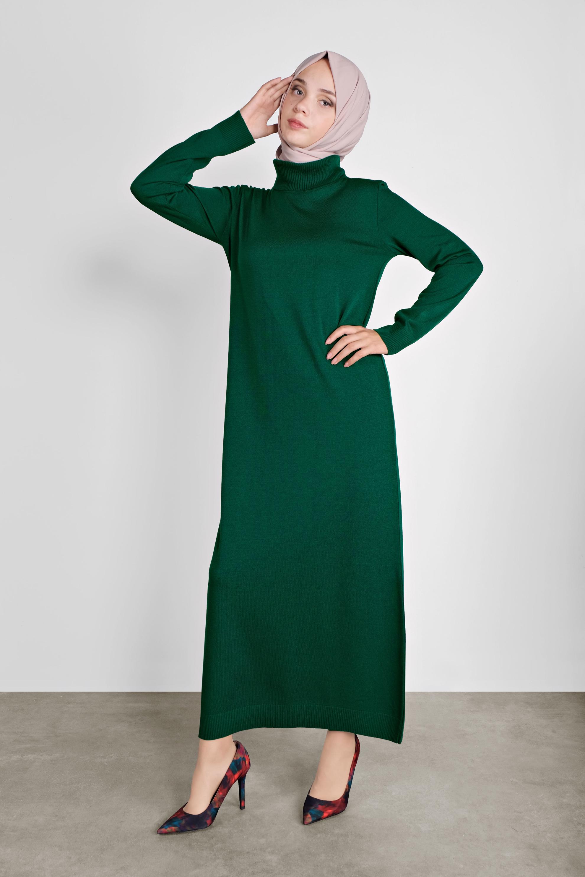 Tesettür giyim YEŞİL BALIKÇI YAKA  TRİKO ELBİSE 41078