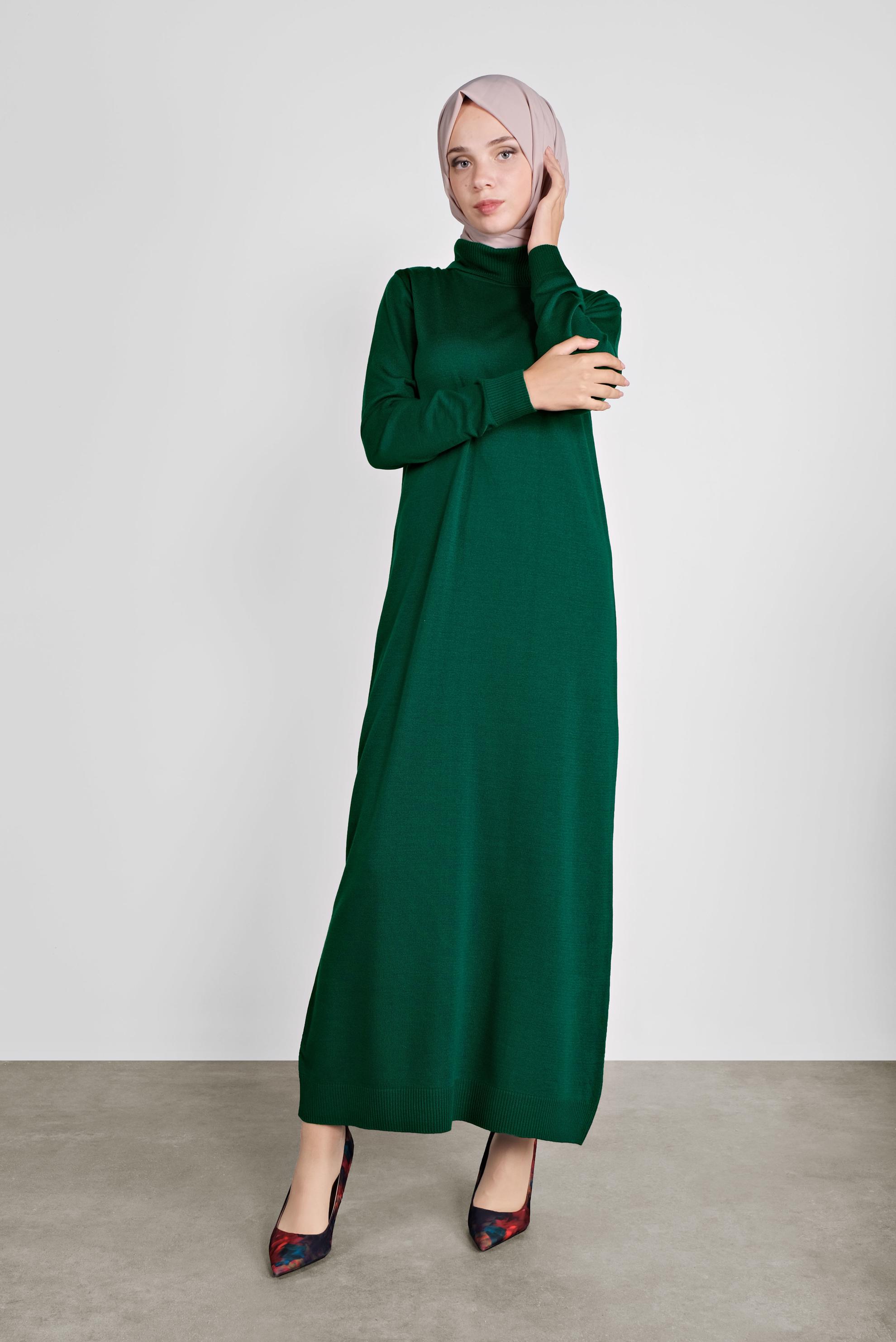 Tesettür giyim YEŞİL BALIKÇI YAKA  TRİKO ELBİSE 41078