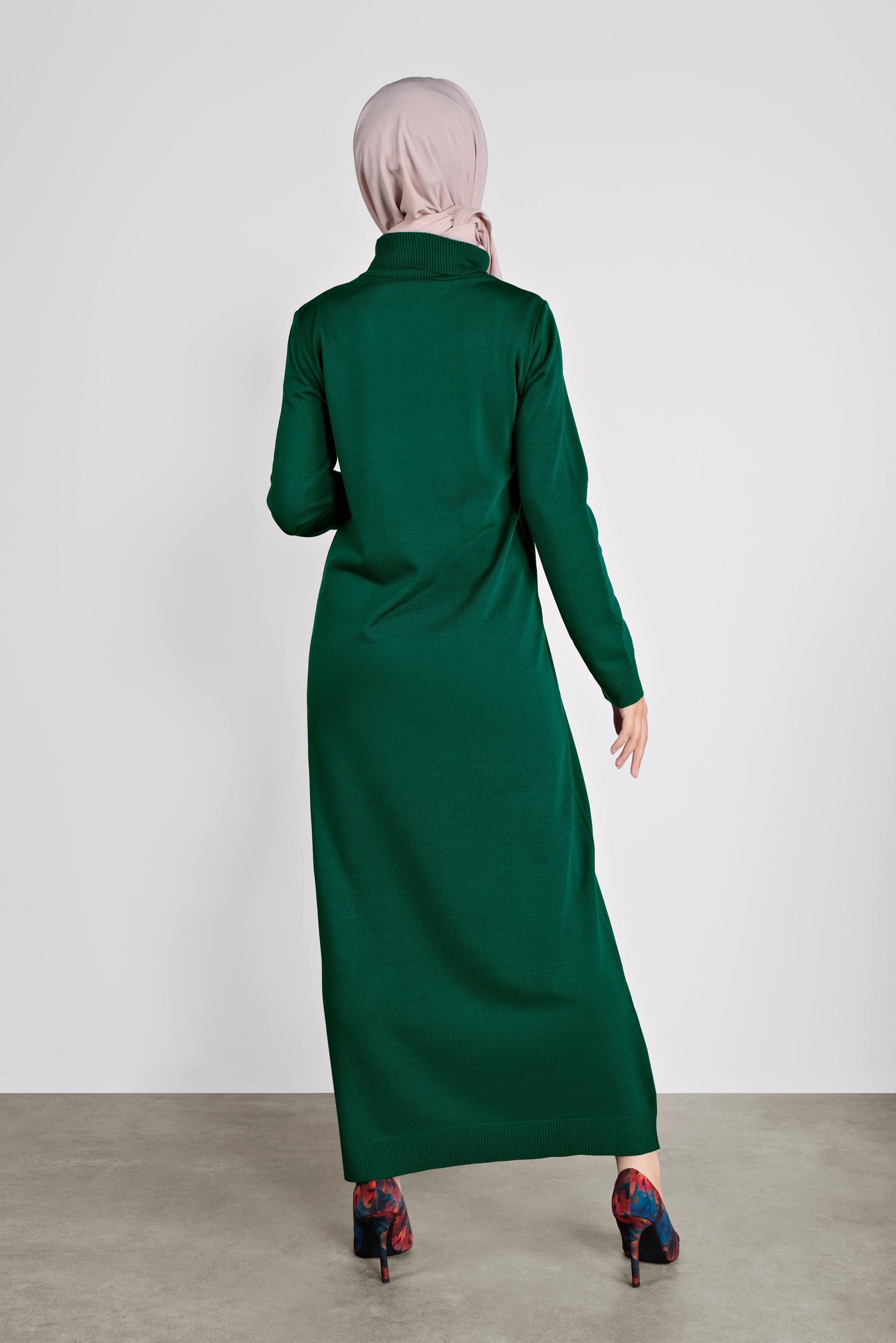 Tesettür giyim YEŞİL BALIKÇI YAKA  TRİKO ELBİSE 41078