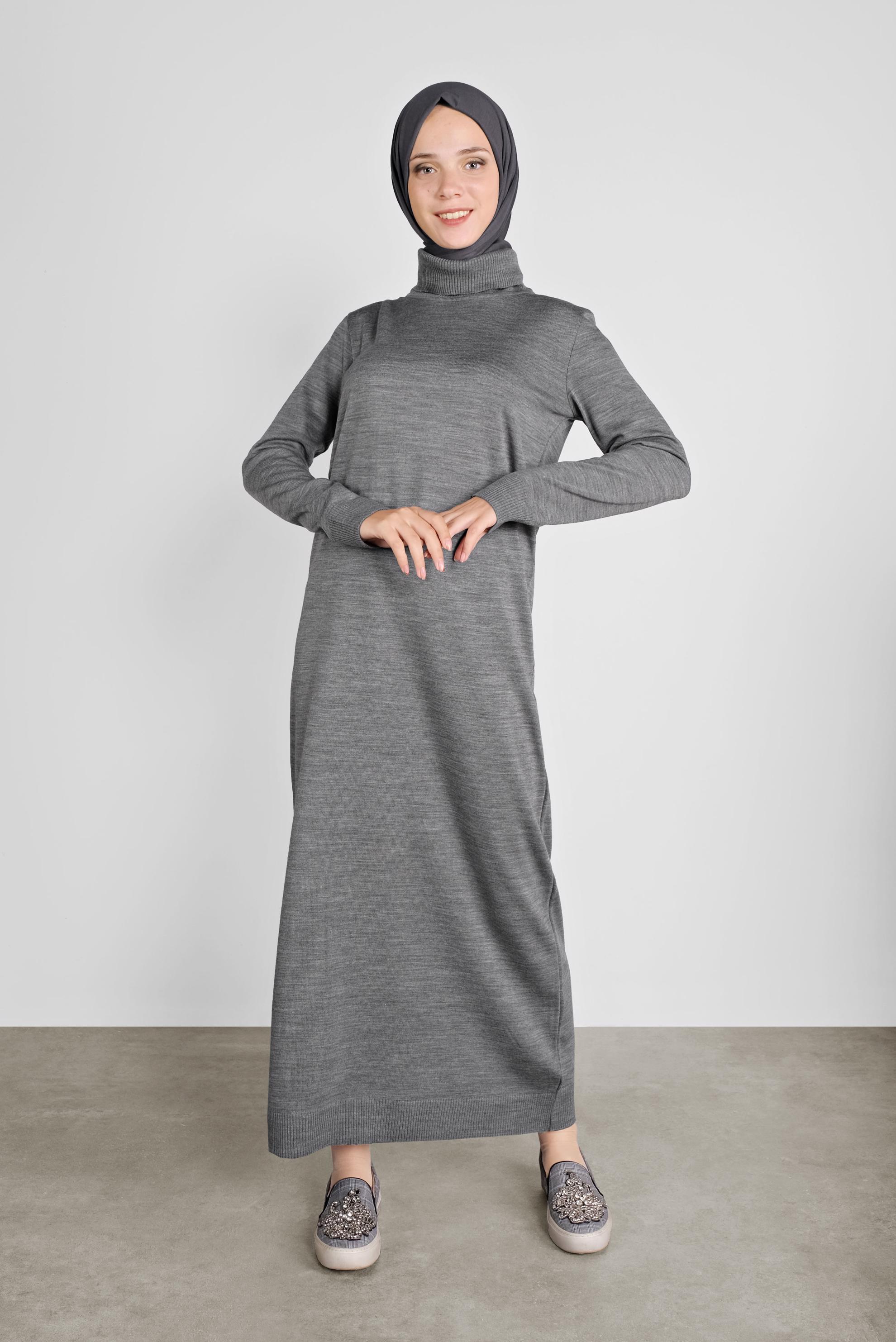 Tesettür giyim GRİ BALIKÇI YAKA  TRİKO ELBİSE 41078