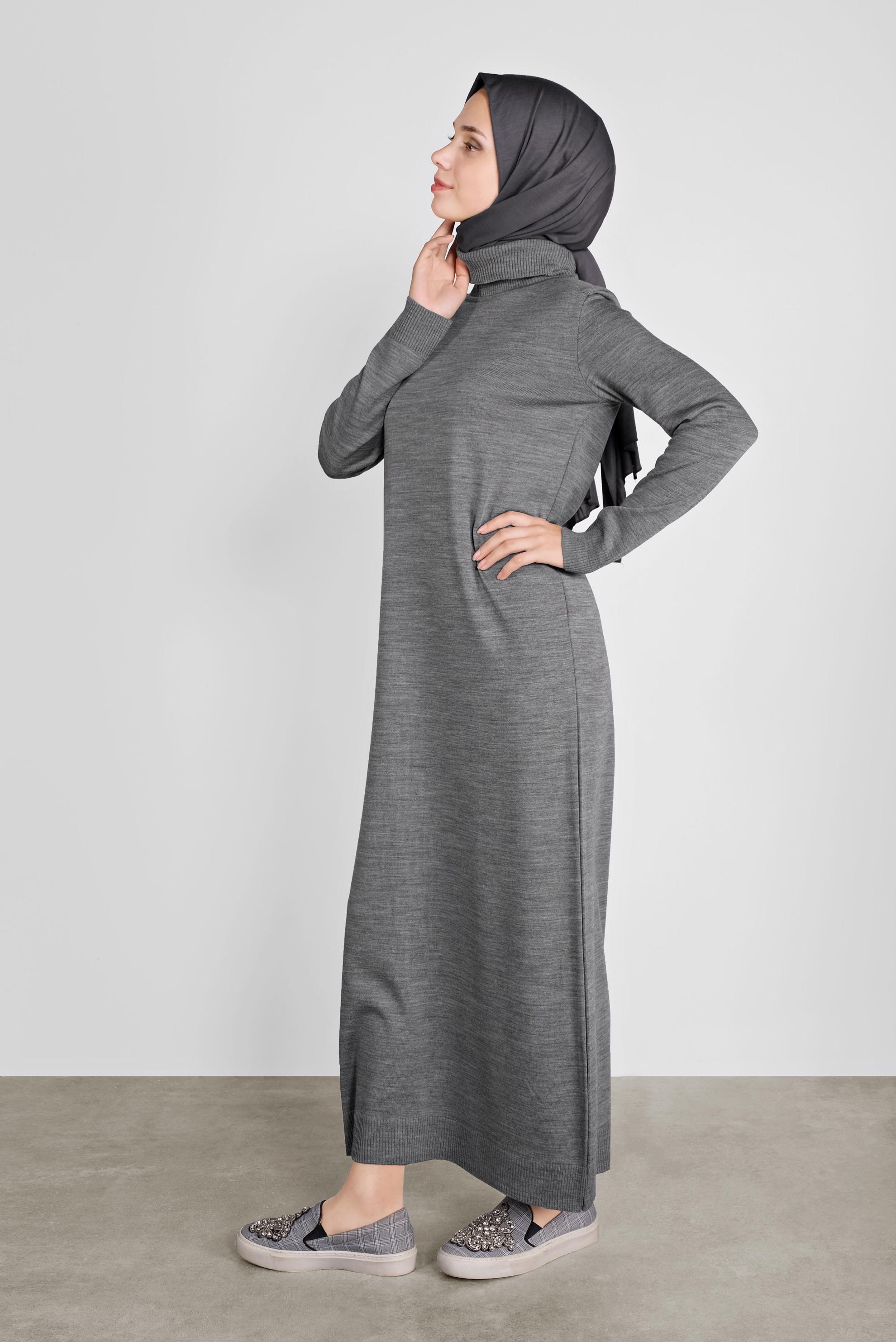 Tesettür giyim GRİ BALIKÇI YAKA  TRİKO ELBİSE 41078