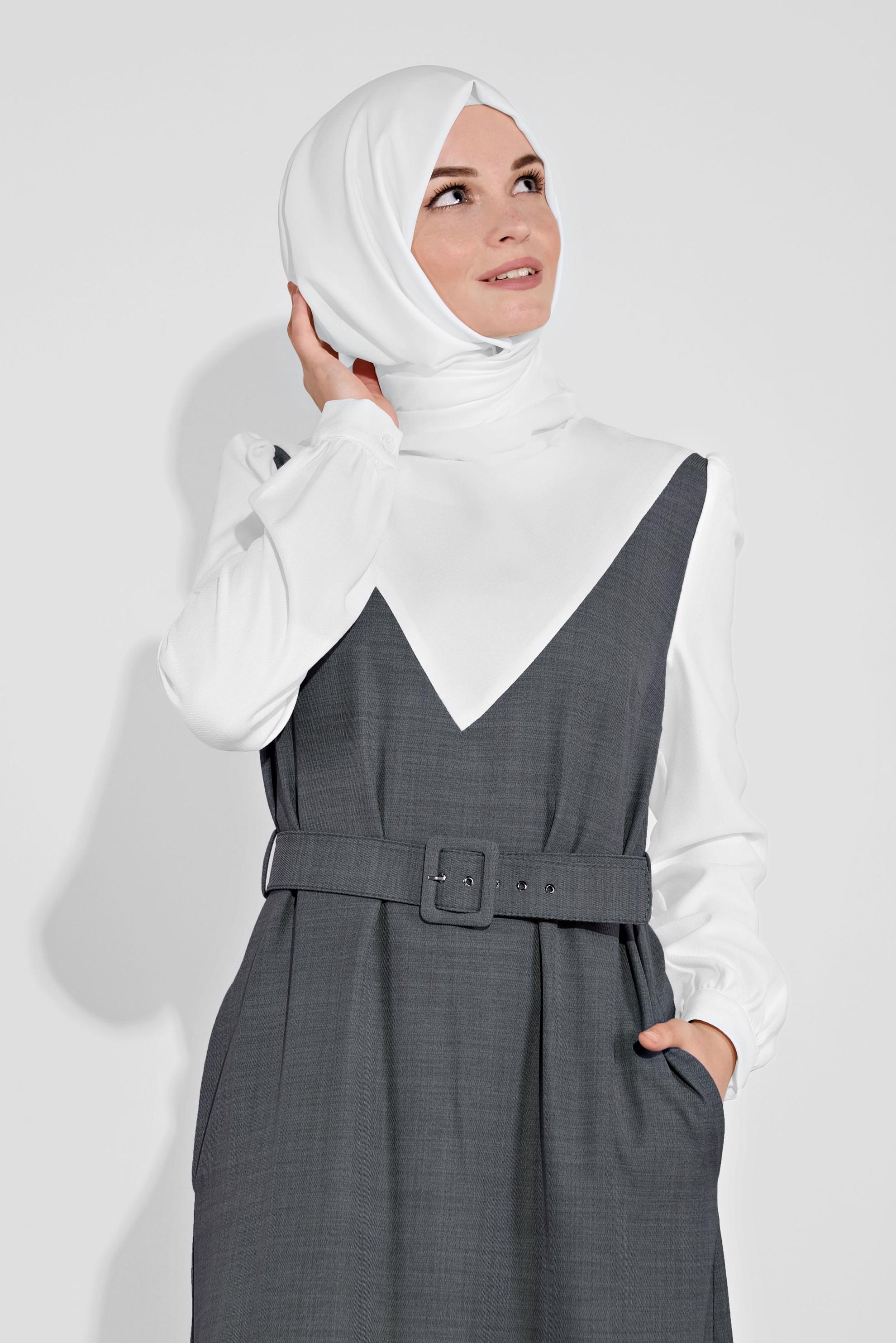 Tesettür giyim GRİ KEMERLİ ELBİSE 41113	