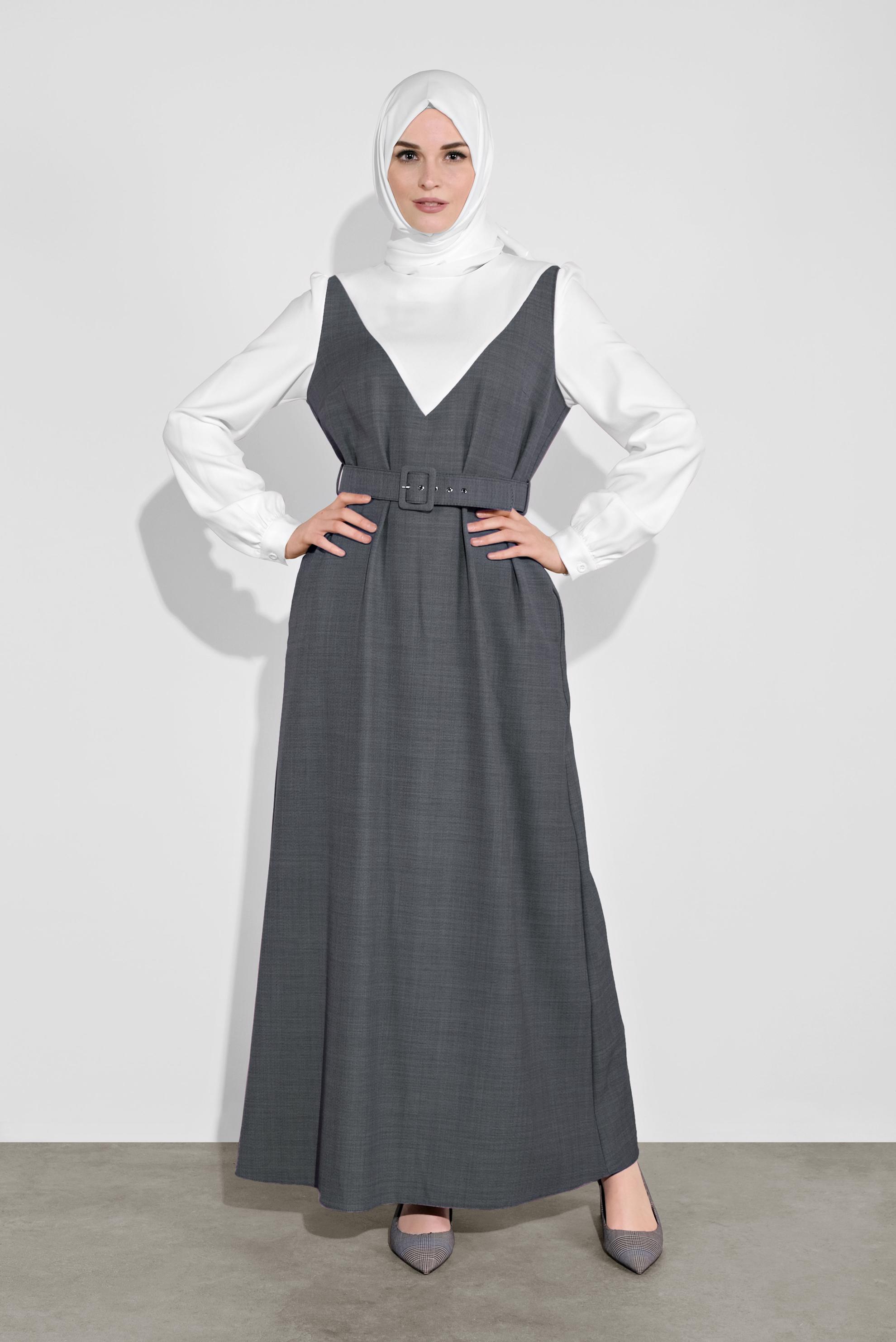 Tesettür giyim GRİ KEMERLİ ELBİSE 41113	