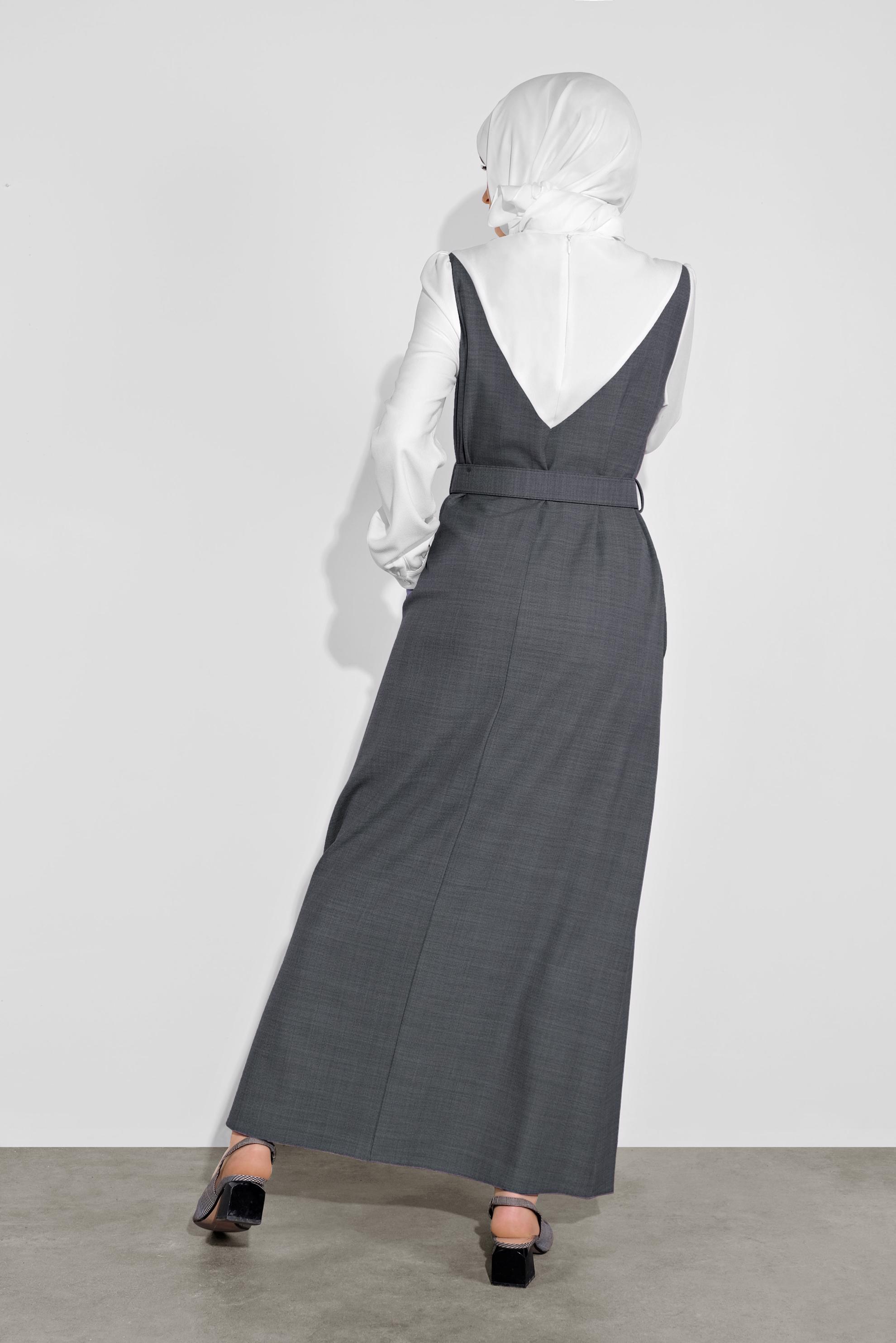 Tesettür giyim GRİ KEMERLİ ELBİSE 41113	