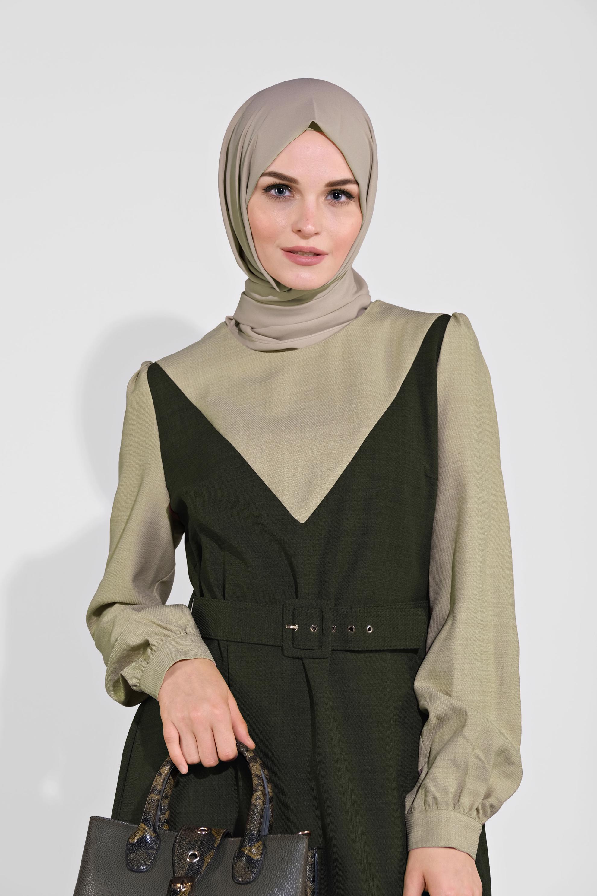 Hijab clothing KHAKI BELTED DRESS 41113 