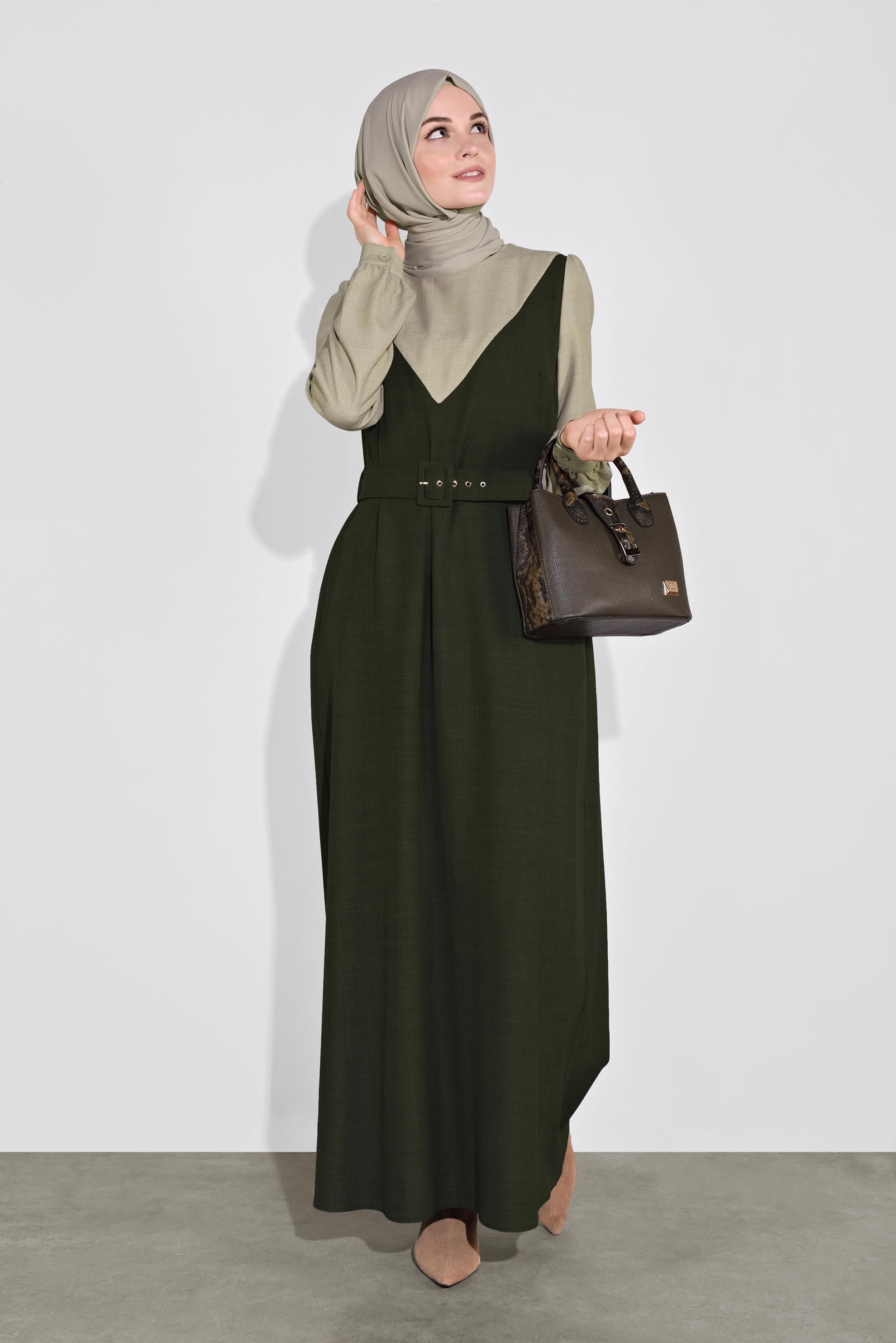 Hijab clothing KHAKI BELTED DRESS 41113 