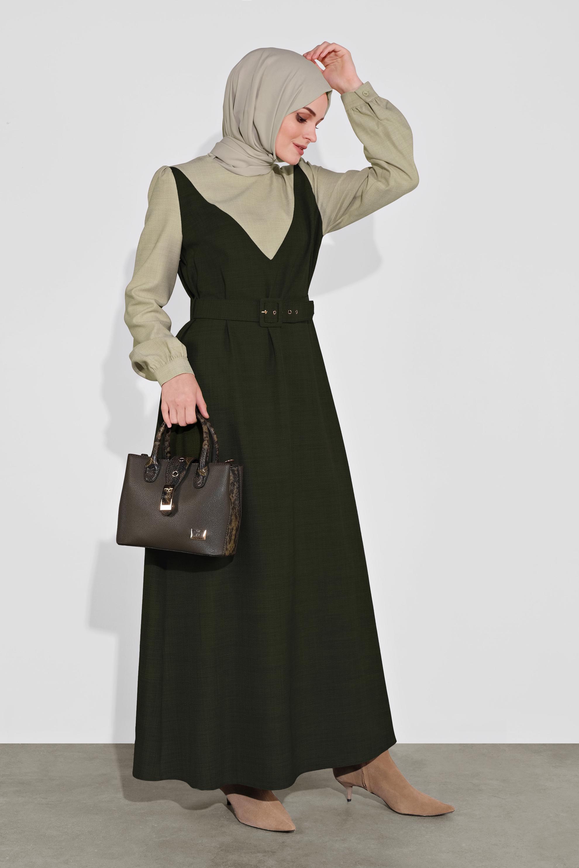 Hijab clothing KHAKI BELTED DRESS 41113 