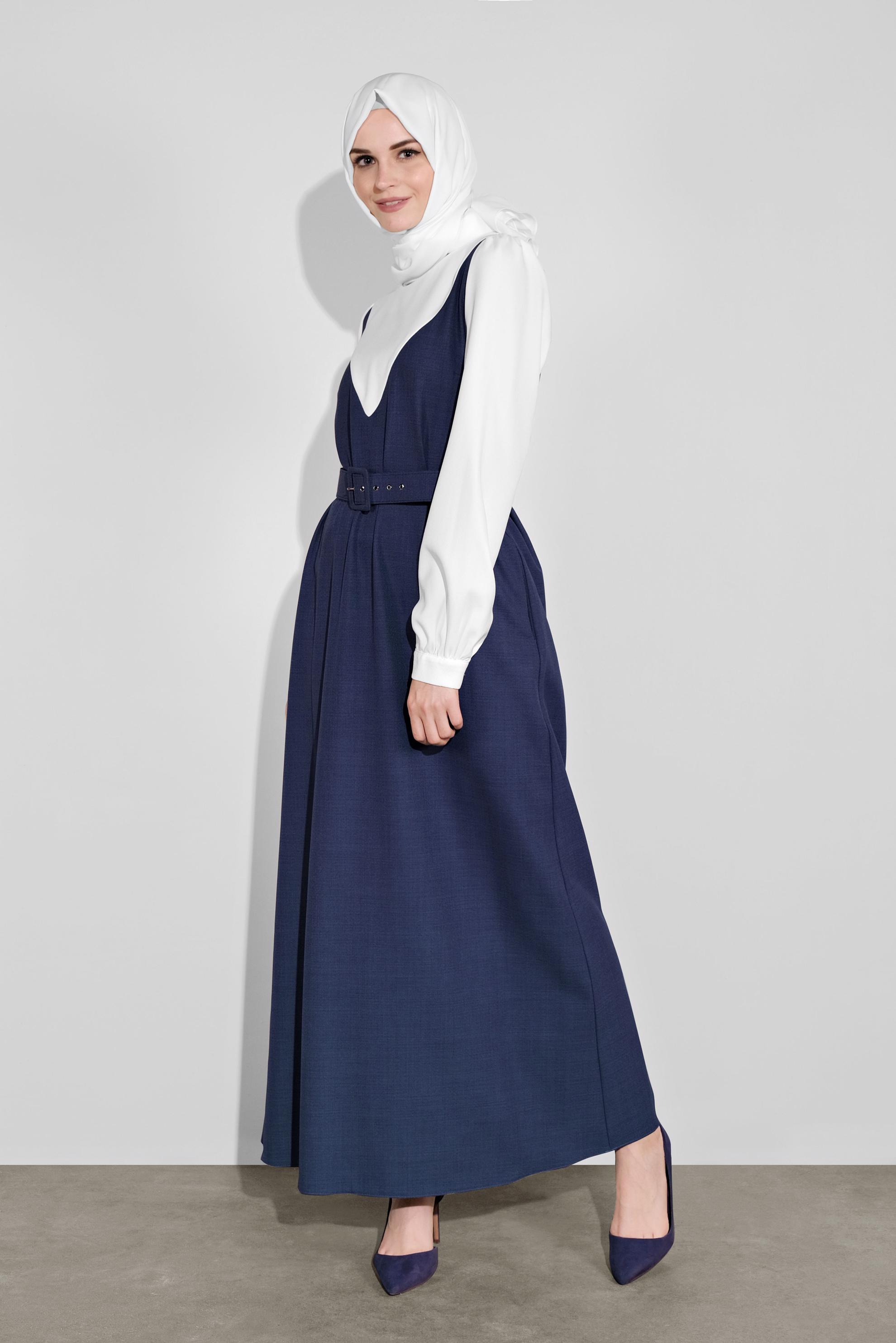 Tesettür giyim LACİVERT KEMERLİ ELBİSE 41113	