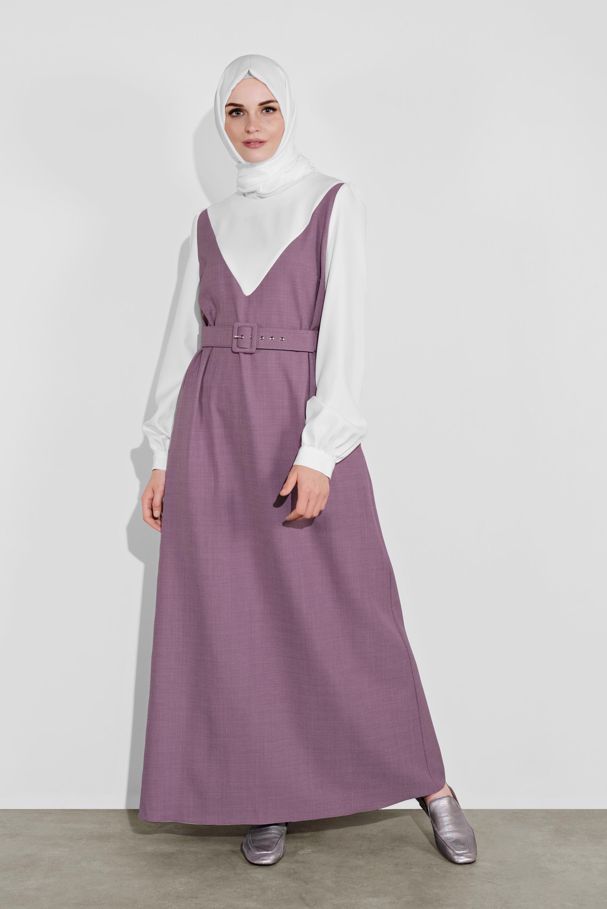 Tesettür giyim MOR KEMERLİ ELBİSE 41113	