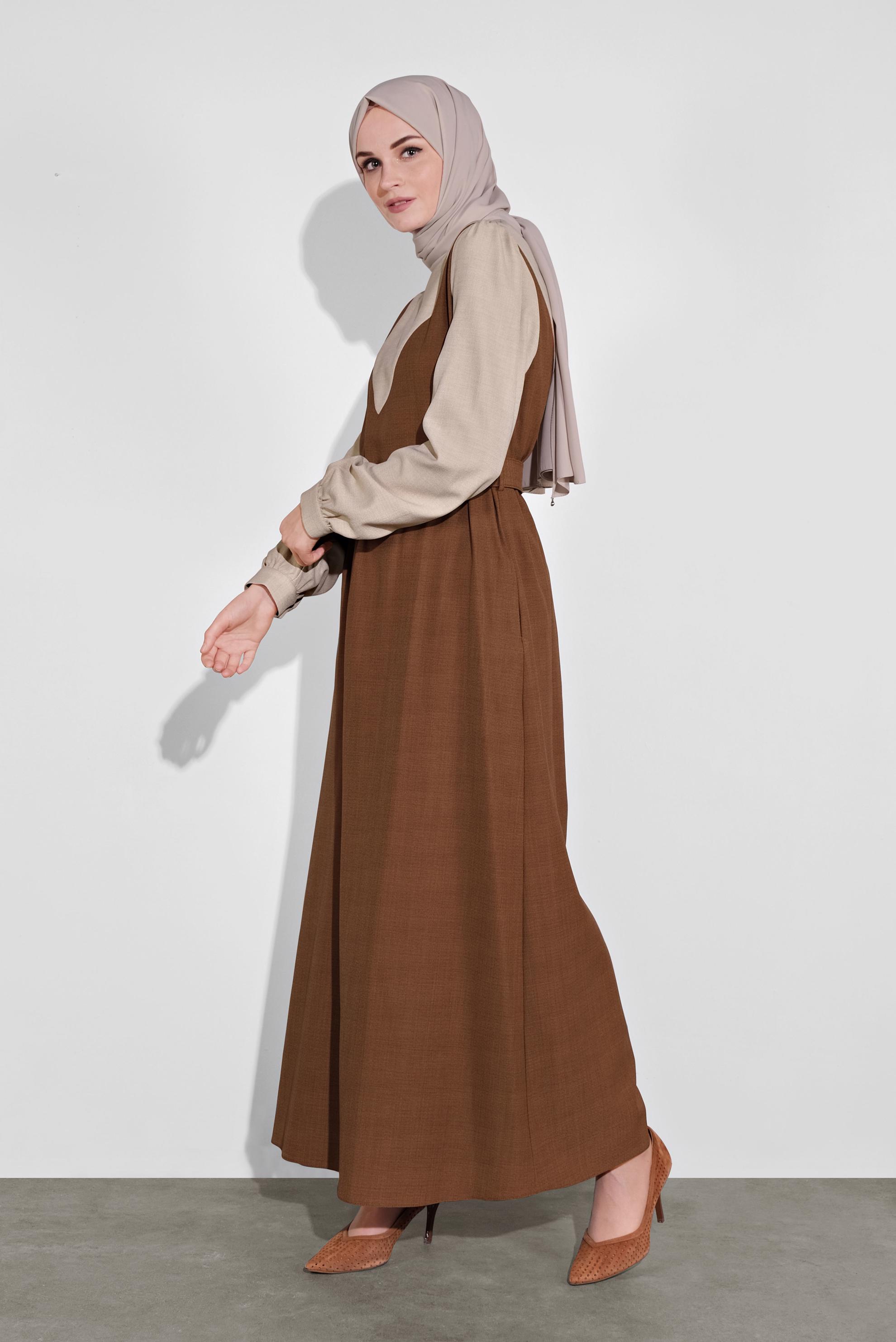 Tesettür giyim KAHVE KEMERLİ ELBİSE 41113	