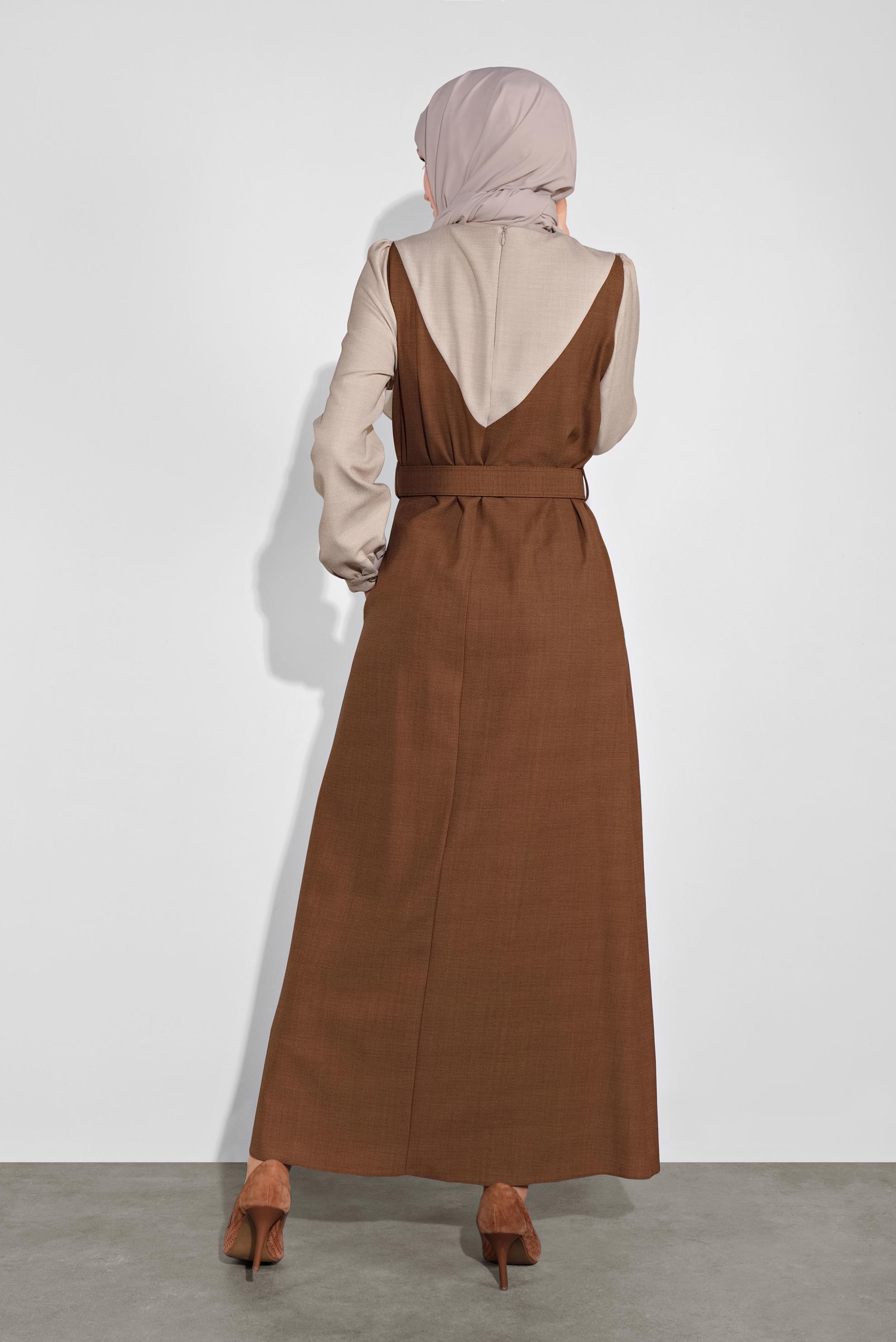 Tesettür giyim KAHVE KEMERLİ ELBİSE 41113	