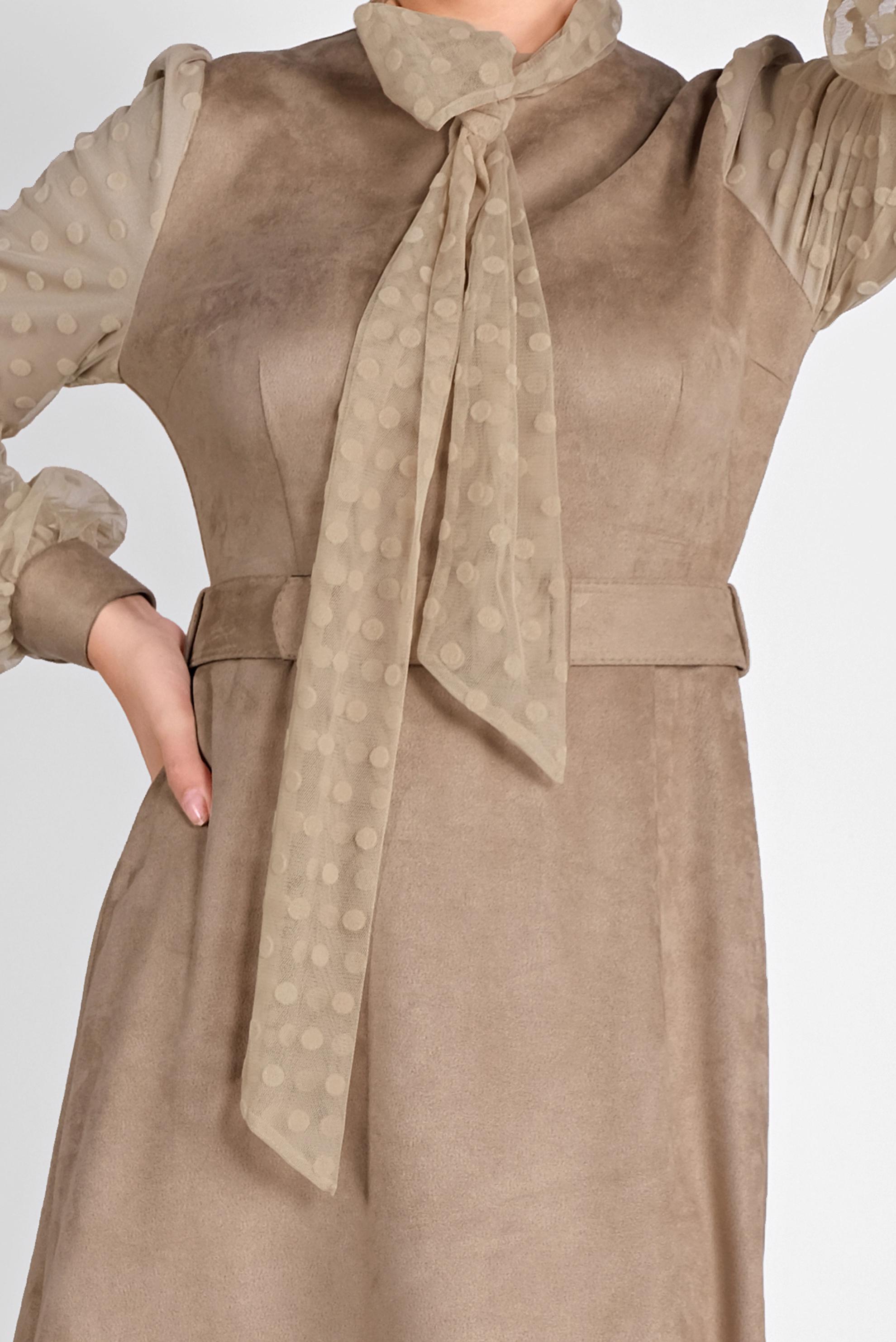 Tesettür giyim BEJ KOLLARI PUANTİYELİ MİX KUMAŞ SÜET ELBİSE 41114 