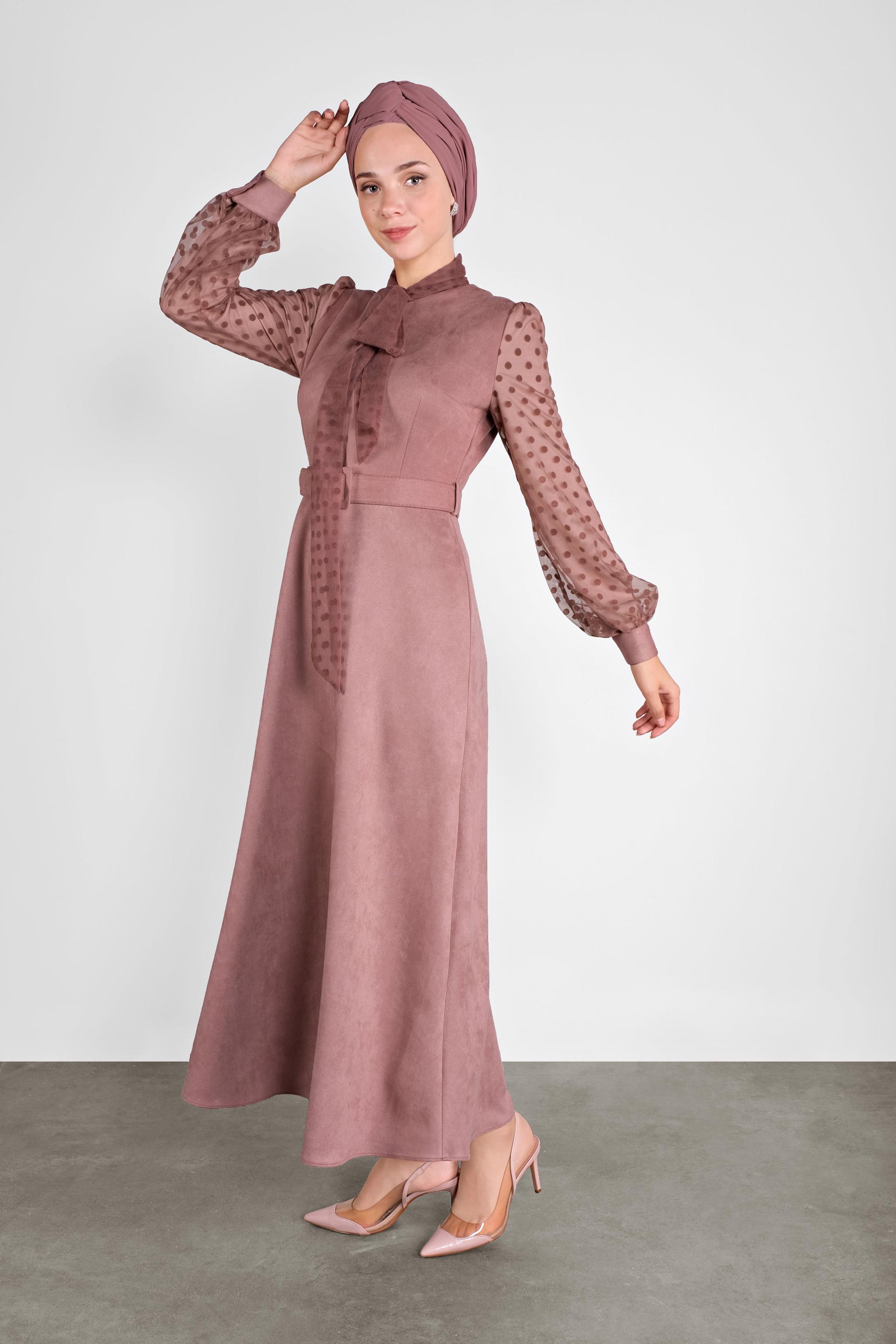 Tesettür giyim PUDRA KOLLARI PUANTİYELİ MİX KUMAŞ SÜET ELBİSE 41114 
