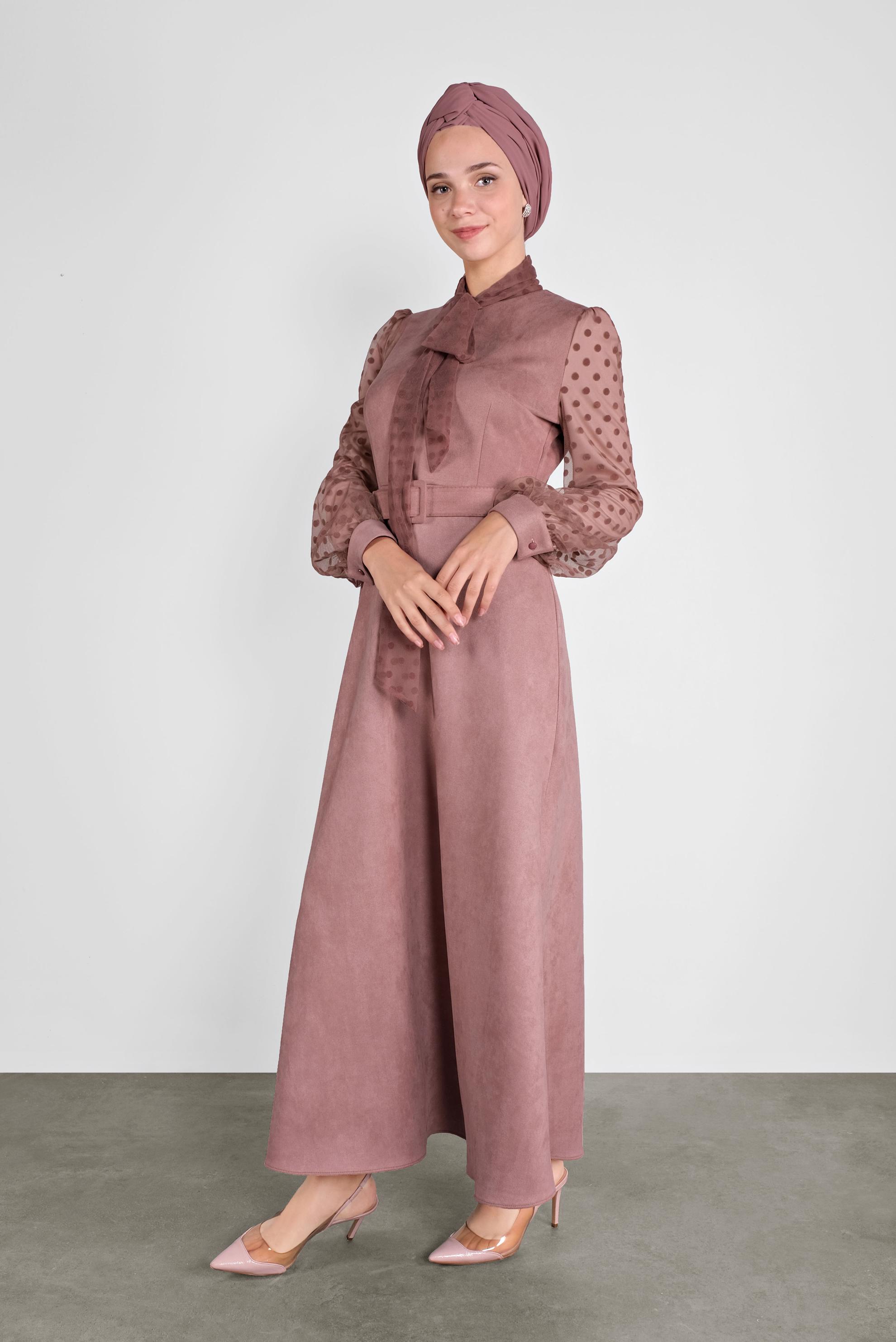 Tesettür giyim PUDRA KOLLARI PUANTİYELİ MİX KUMAŞ SÜET ELBİSE 41114 