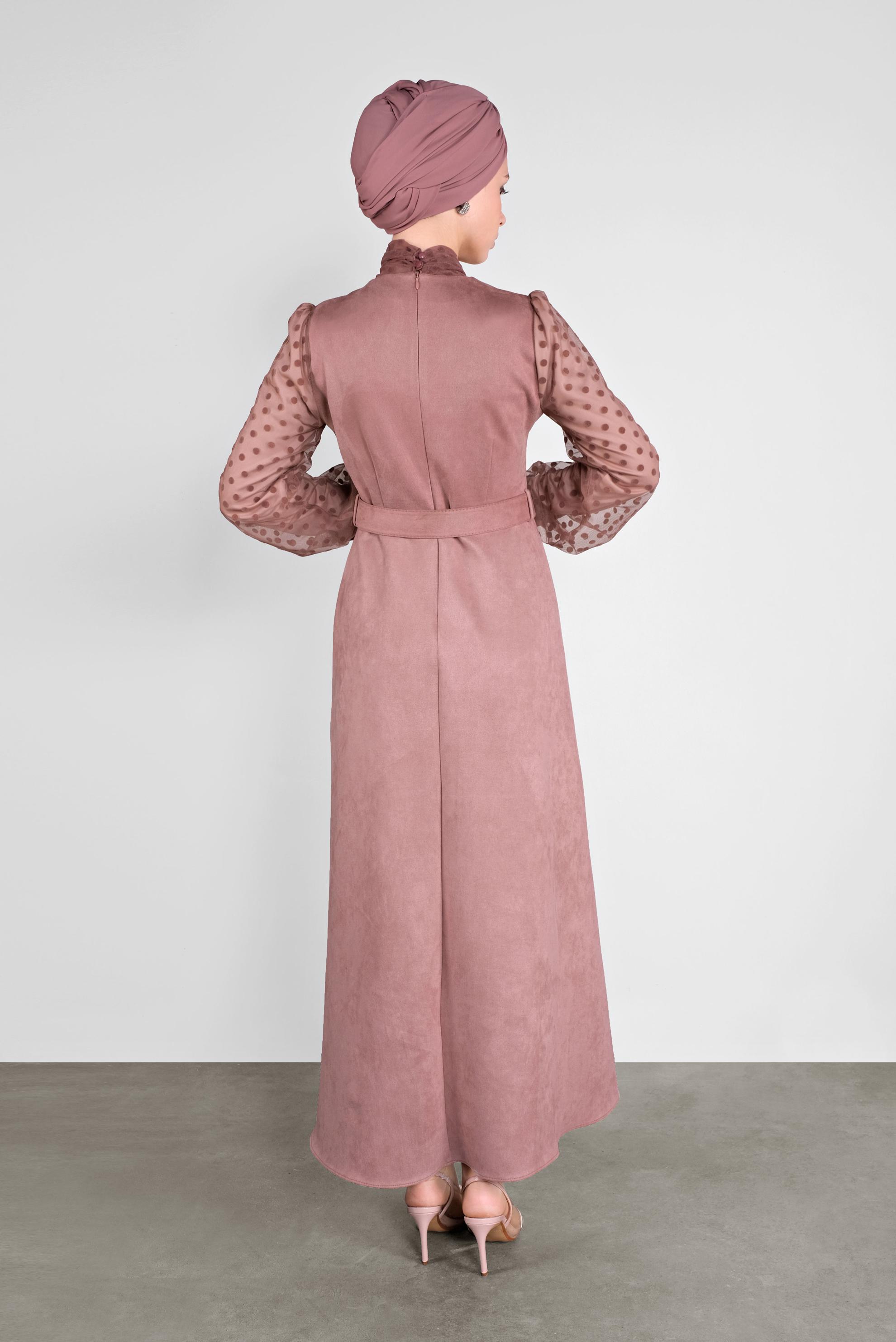 Tesettür giyim PUDRA KOLLARI PUANTİYELİ MİX KUMAŞ SÜET ELBİSE 41114 