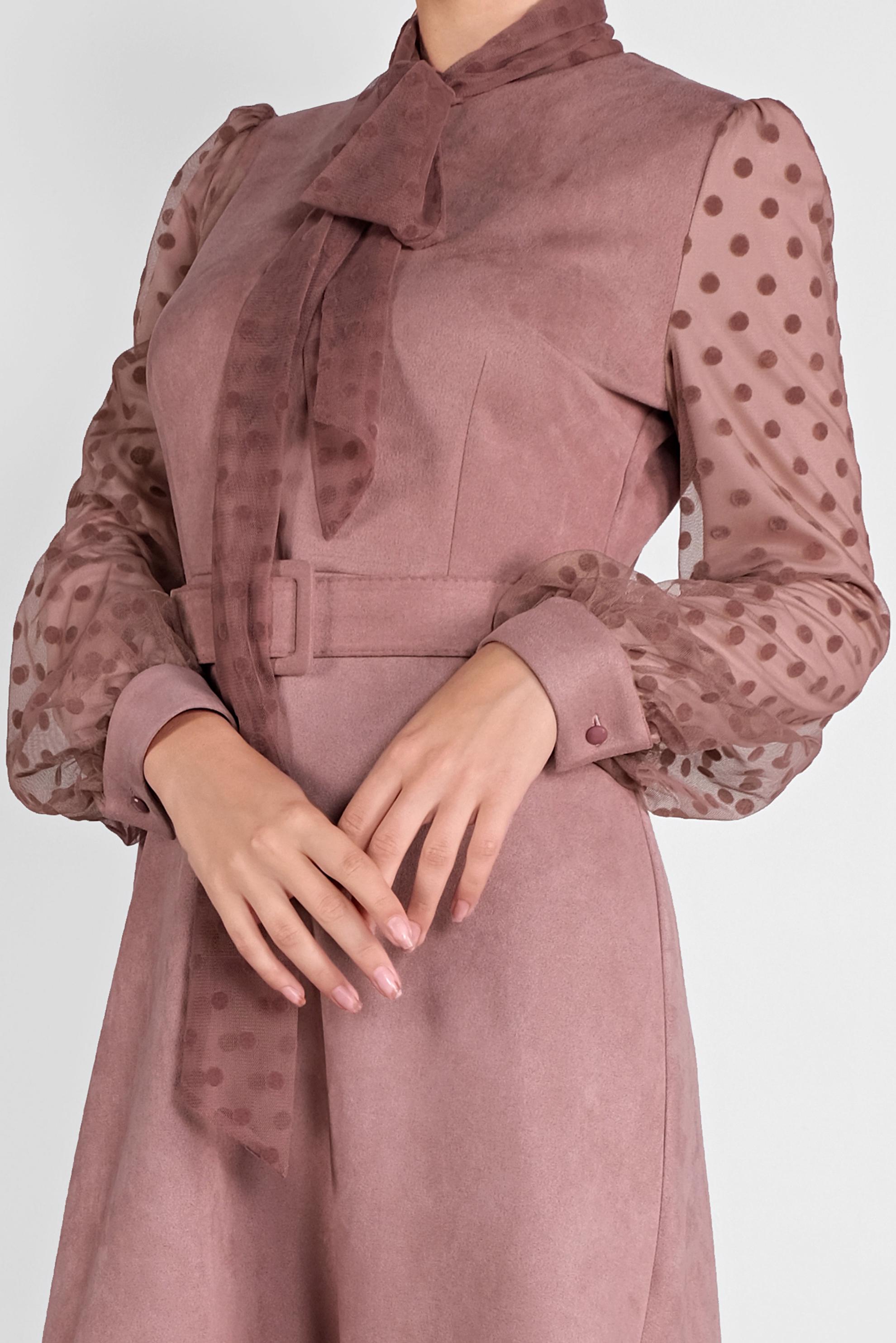 Tesettür giyim PUDRA KOLLARI PUANTİYELİ MİX KUMAŞ SÜET ELBİSE 41114 