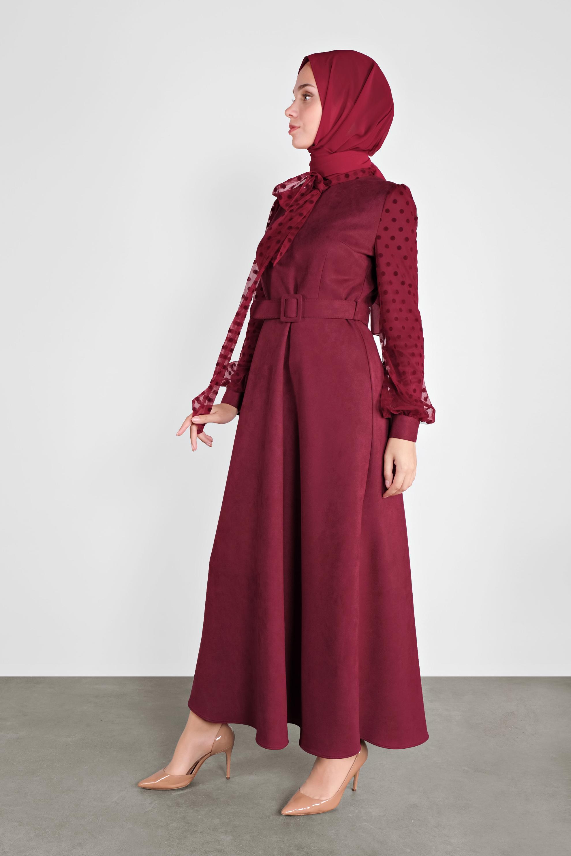 Tesettür giyim BORDO KOLLARI PUANTİYELİ MİX KUMAŞ SÜET ELBİSE 41114 