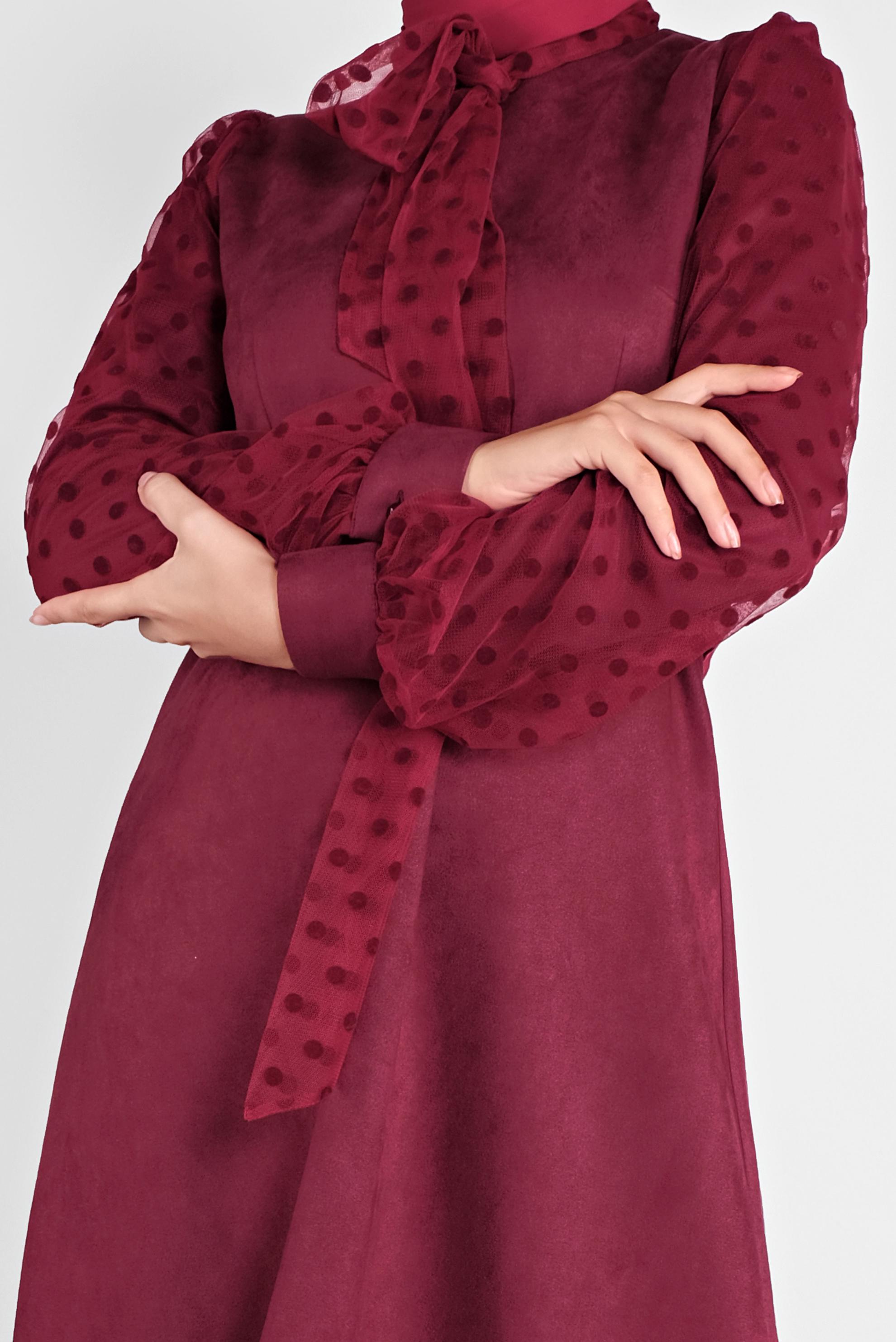 Tesettür giyim BORDO KOLLARI PUANTİYELİ MİX KUMAŞ SÜET ELBİSE 41114 