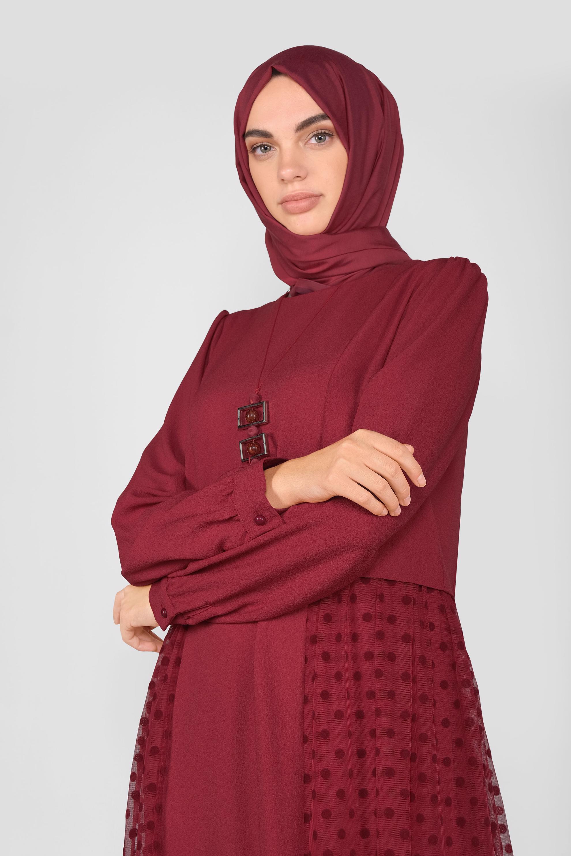 Tesettür giyim BORDO PUANTİYE TÜL DETAYLI ELBİSE 41141 