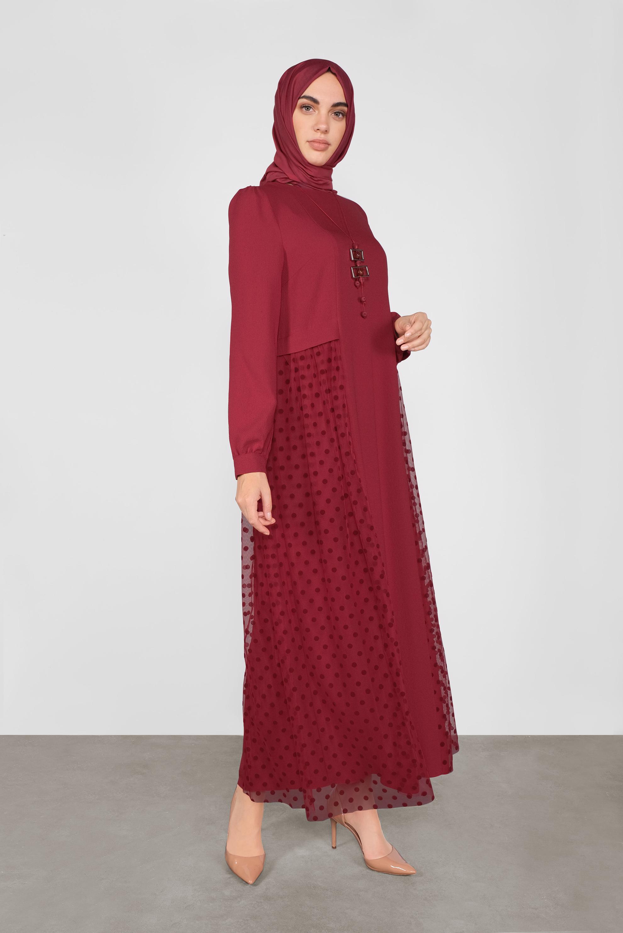Tesettür giyim BORDO PUANTİYE TÜL DETAYLI ELBİSE 41141 