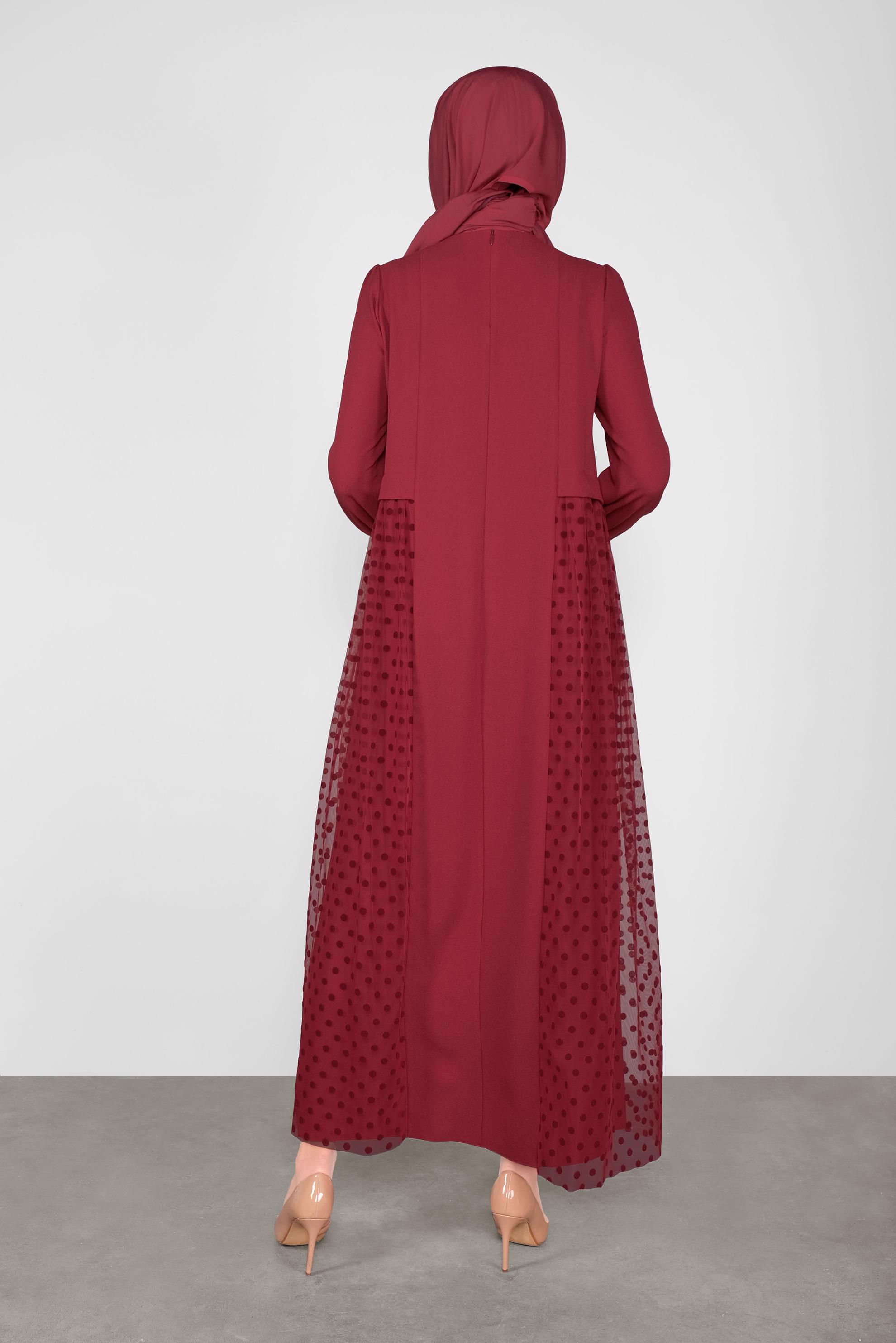 Tesettür giyim BORDO PUANTİYE TÜL DETAYLI ELBİSE 41141 