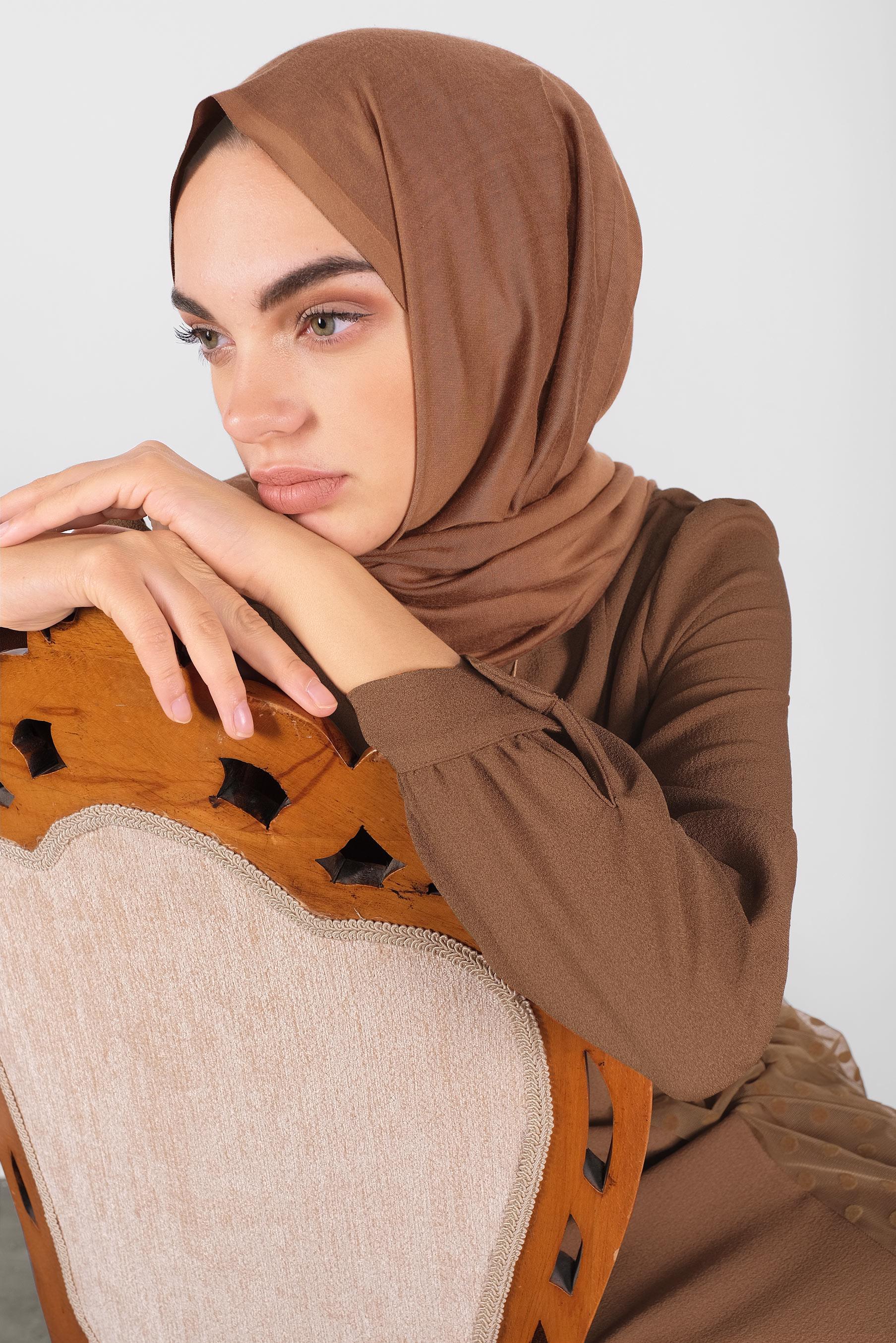 Tesettür giyim TABA PUANTİYE TÜL DETAYLI ELBİSE 41141 