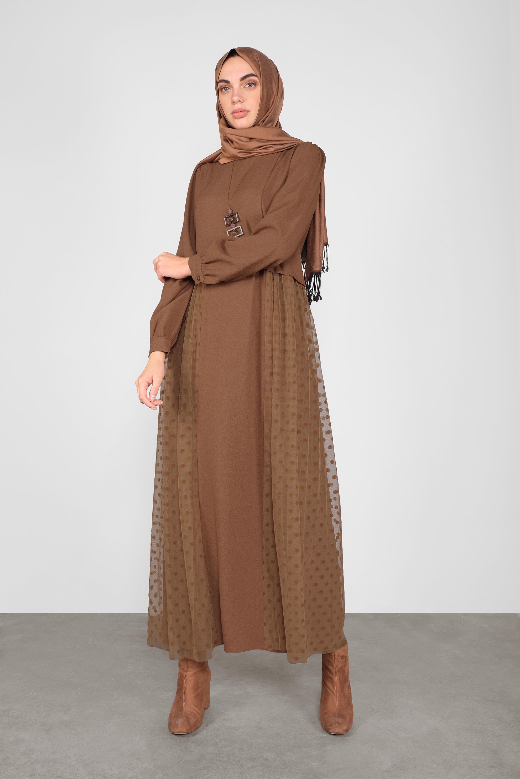 Tesettür giyim TABA PUANTİYE TÜL DETAYLI ELBİSE 41141 