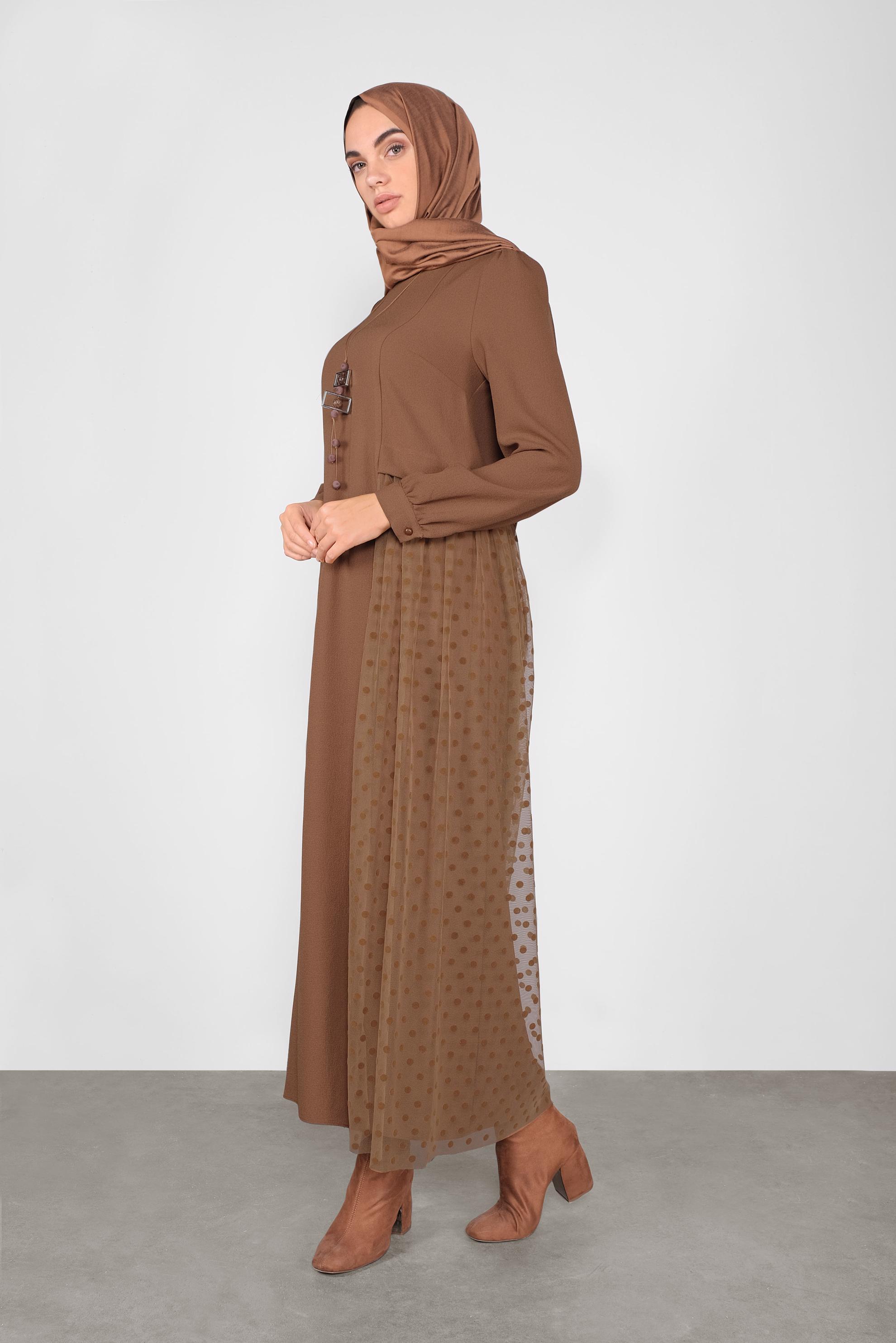 Tesettür giyim TABA PUANTİYE TÜL DETAYLI ELBİSE 41141 