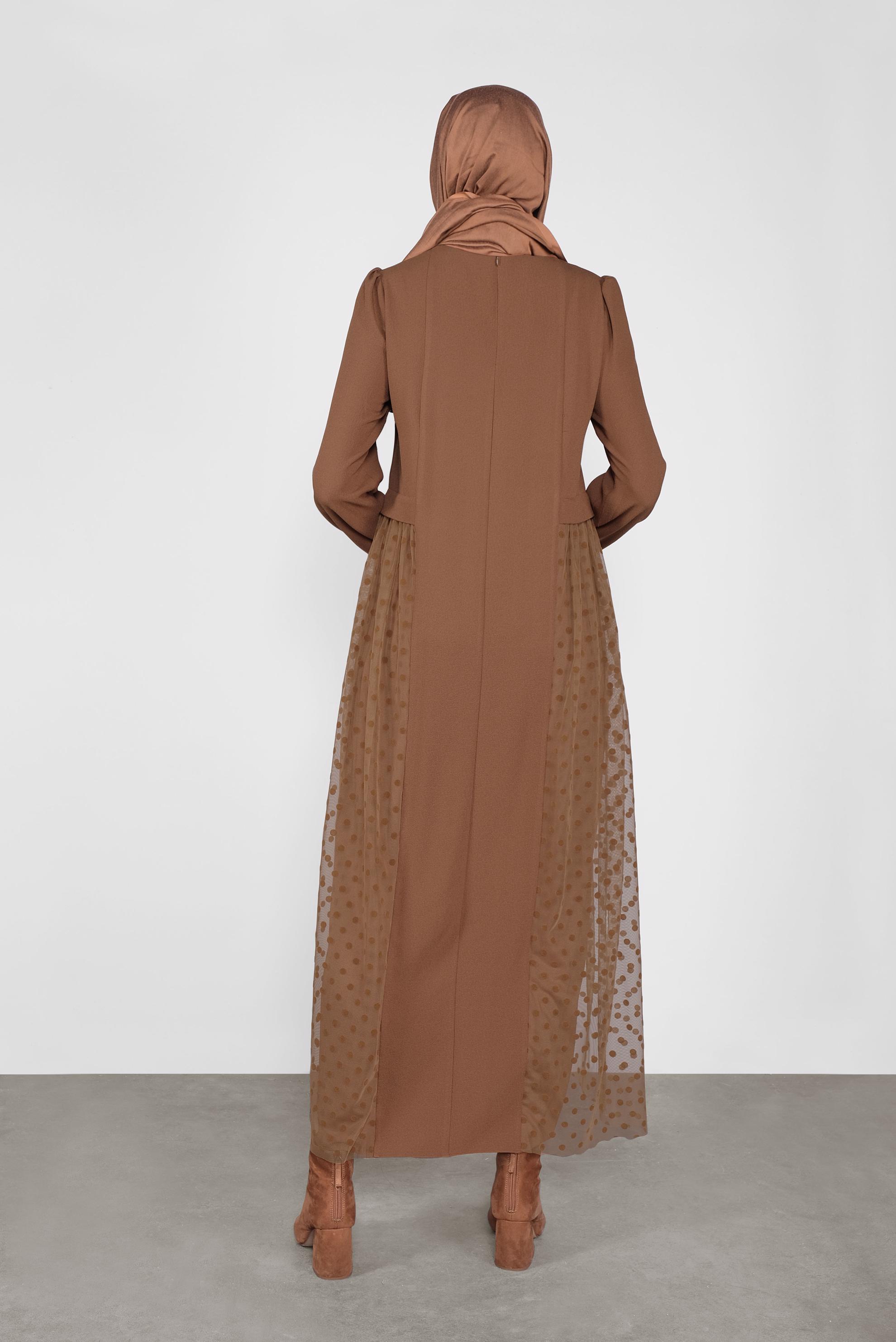 Tesettür giyim TABA PUANTİYE TÜL DETAYLI ELBİSE 41141 