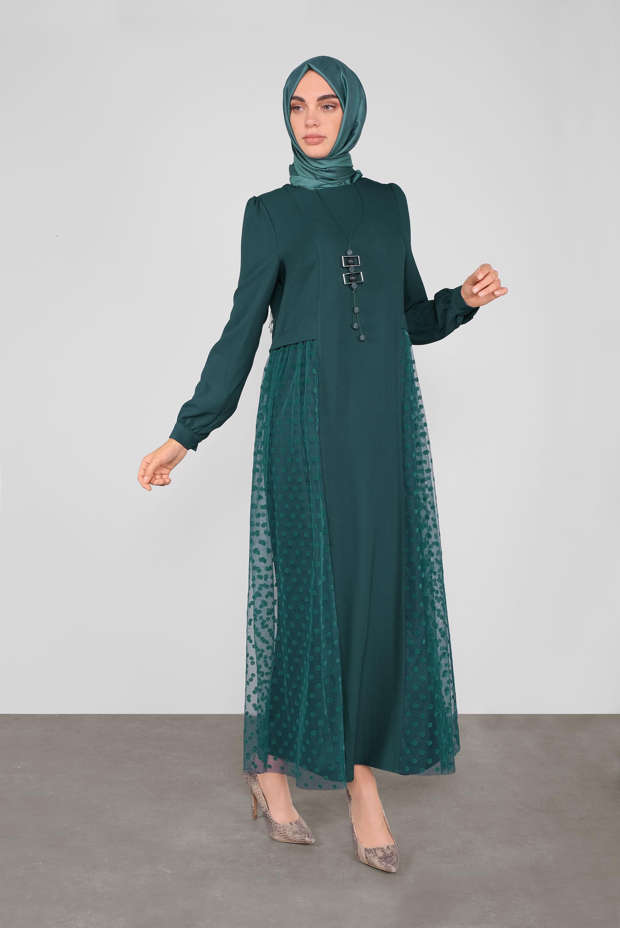 Tesettür giyim YEŞİL PUANTİYE TÜL DETAYLI ELBİSE 41141 