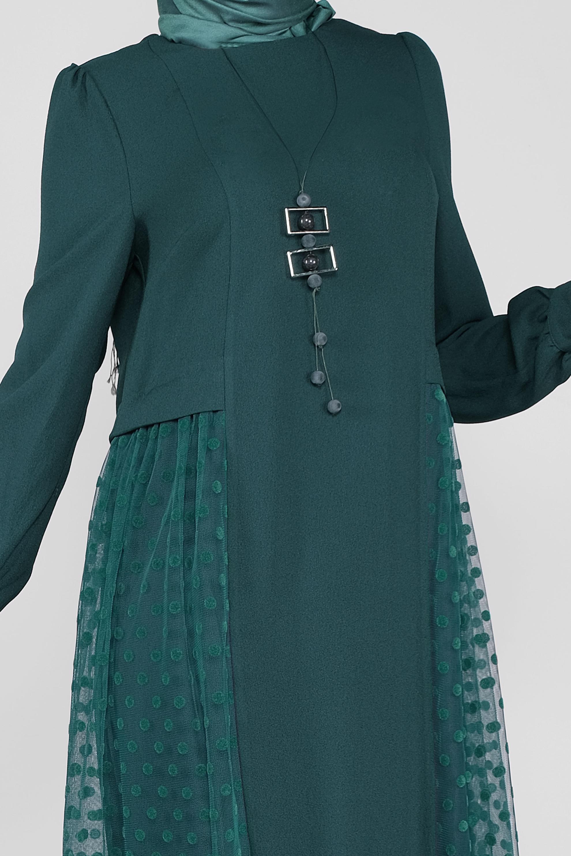 Tesettür giyim YEŞİL PUANTİYE TÜL DETAYLI ELBİSE 41141 