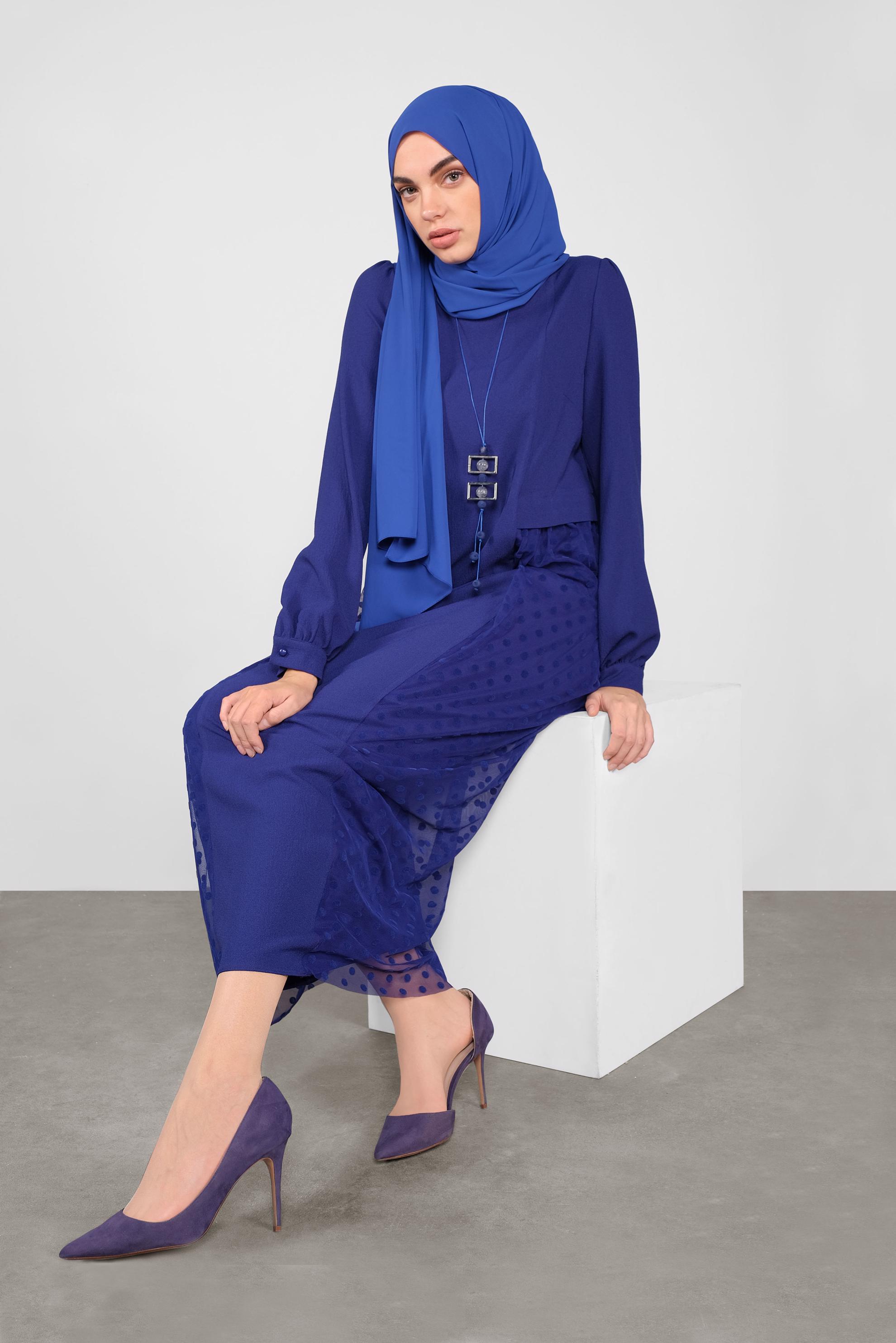 Tesettür giyim MAVİ PUANTİYE TÜL DETAYLI ELBİSE 41141 