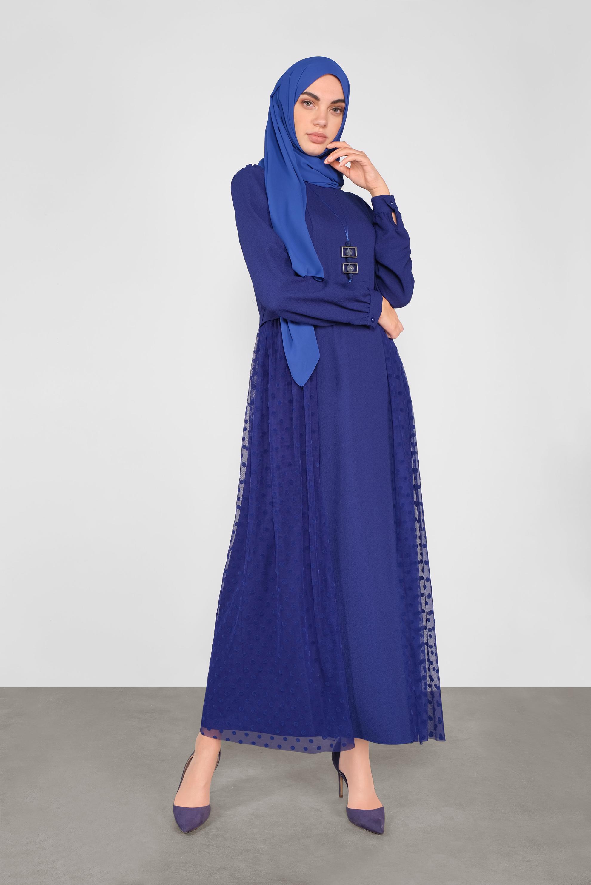 Tesettür giyim MAVİ PUANTİYE TÜL DETAYLI ELBİSE 41141 