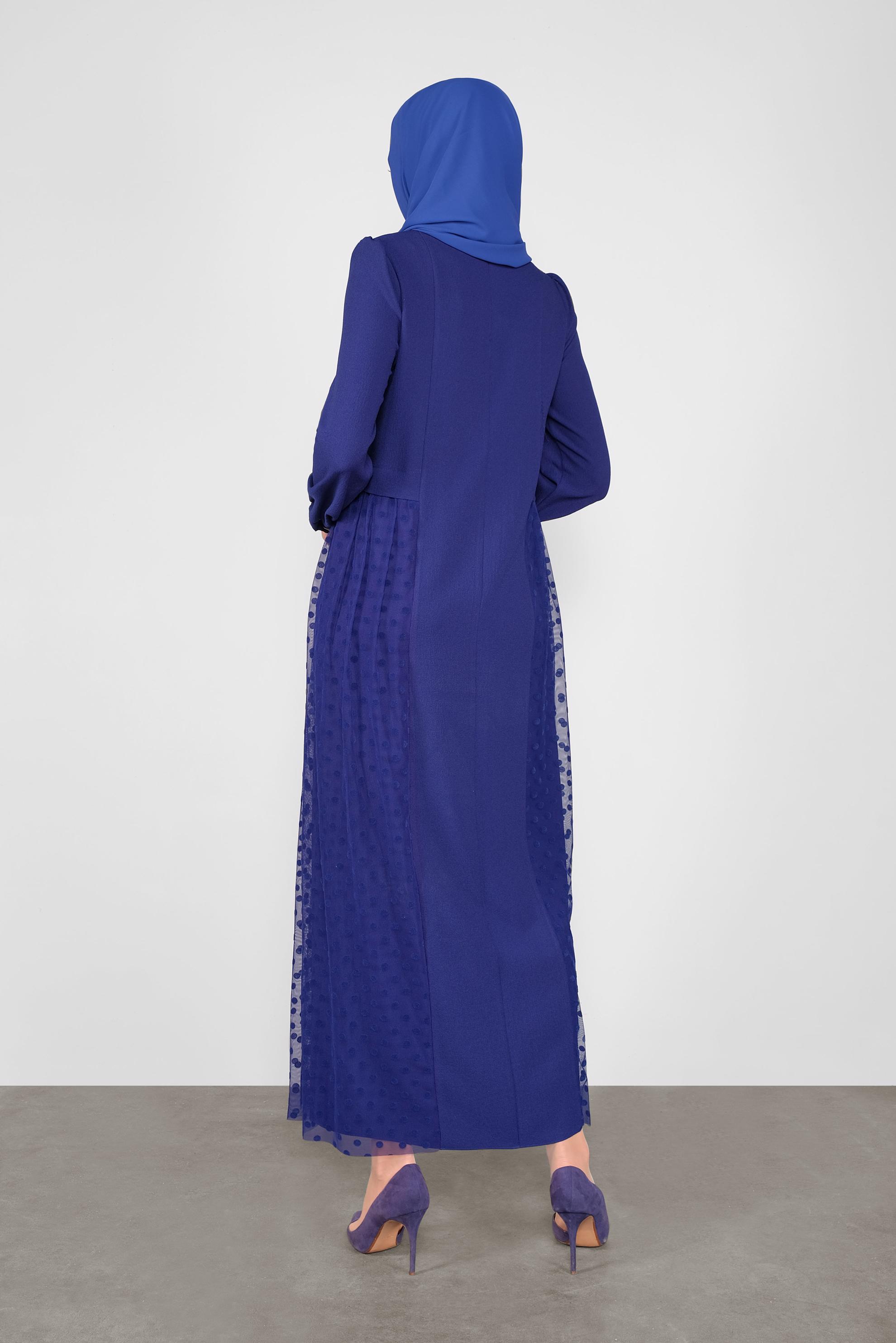 Tesettür giyim MAVİ PUANTİYE TÜL DETAYLI ELBİSE 41141 